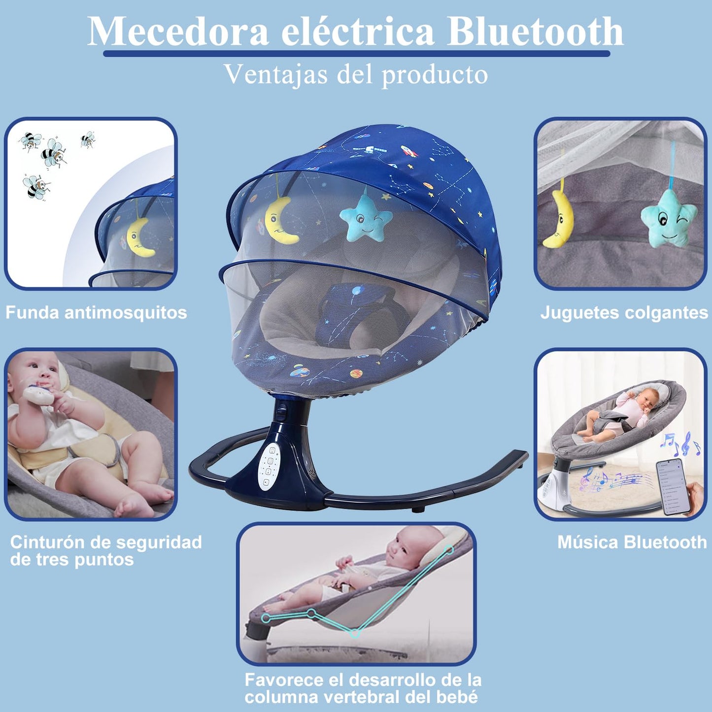 Mecedora Eléctrica AMIARYA Azul Estrellado con Mando a Distancia y Bluetooth para Bebé