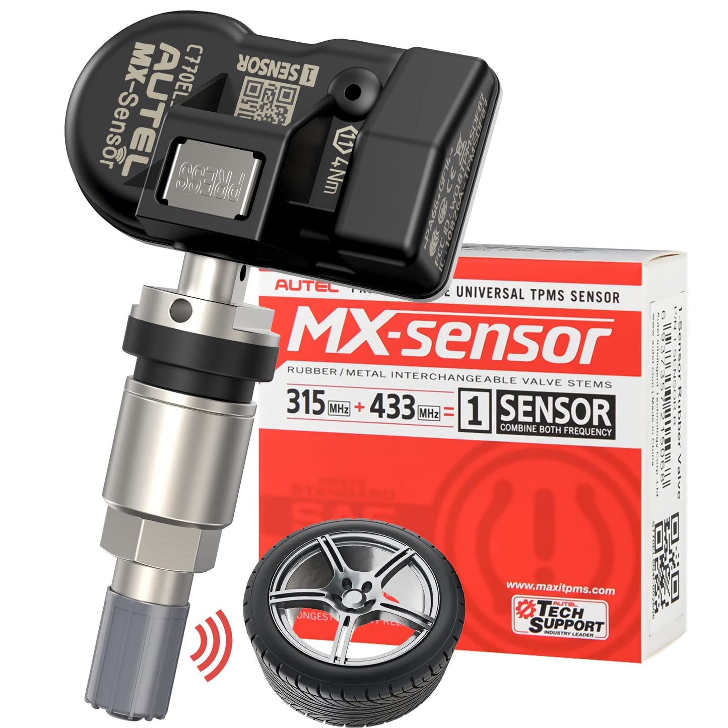 Autel - Sensores TPMS universales programables (315 MHz + 433 MHz) especialmente diseñados para el reemplazo de sensores OEM (válvula de metal atornillado)