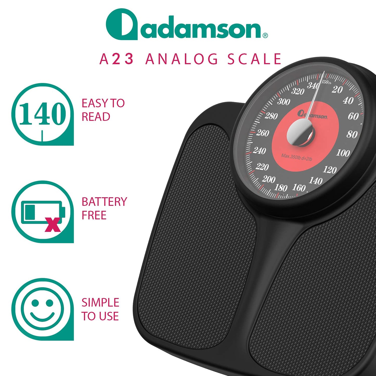 Adamson - Báscula A23 para peso corporal, hasta 350 libras, nueva versión, superficie de goma antideslizante, números extra grandes, báscula de baño de alta precisión, analógica, duradera con garantía