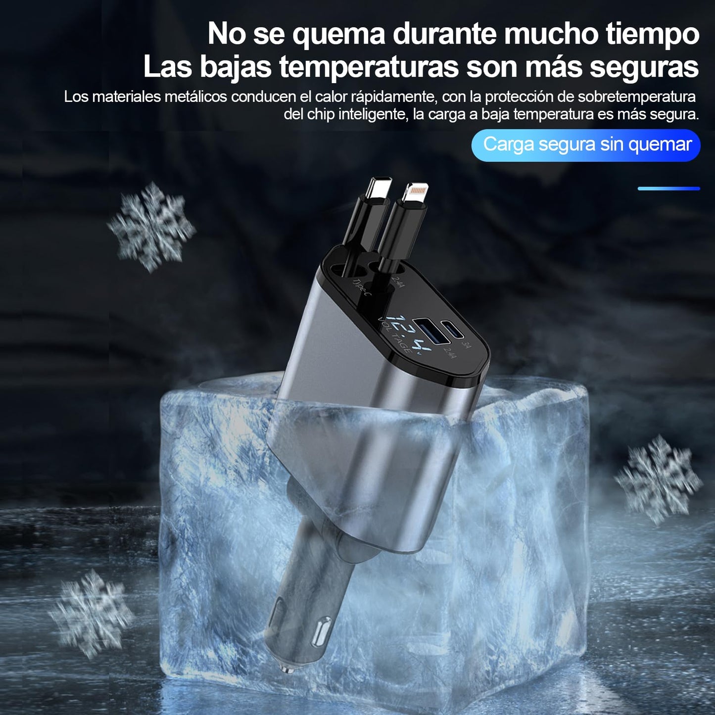 HKEDHD 120W Retráctil Cargador de Coche 4 en 1 Adaptador de Cargador de Coche con Cable Retráctil y Pantalla de Voltaje para Vehículos de 12/24 V, Compatible con Android, iPhone, Samsung,Huawei,Google