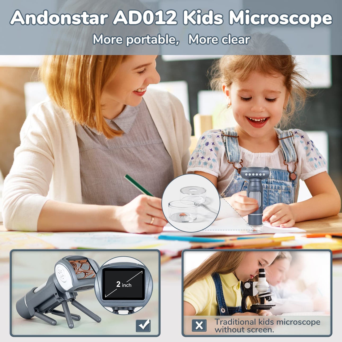 Andonstar Ad012 Kit De Microscopio Portátil Para Niños, Microscopio Infantil Lcd De 2" Con Portaobjetos Preparados, Tarjeta Sd De 8G, Compatible Con Windows Pc, Juguetes Educativos Stem Para Uso En Interio