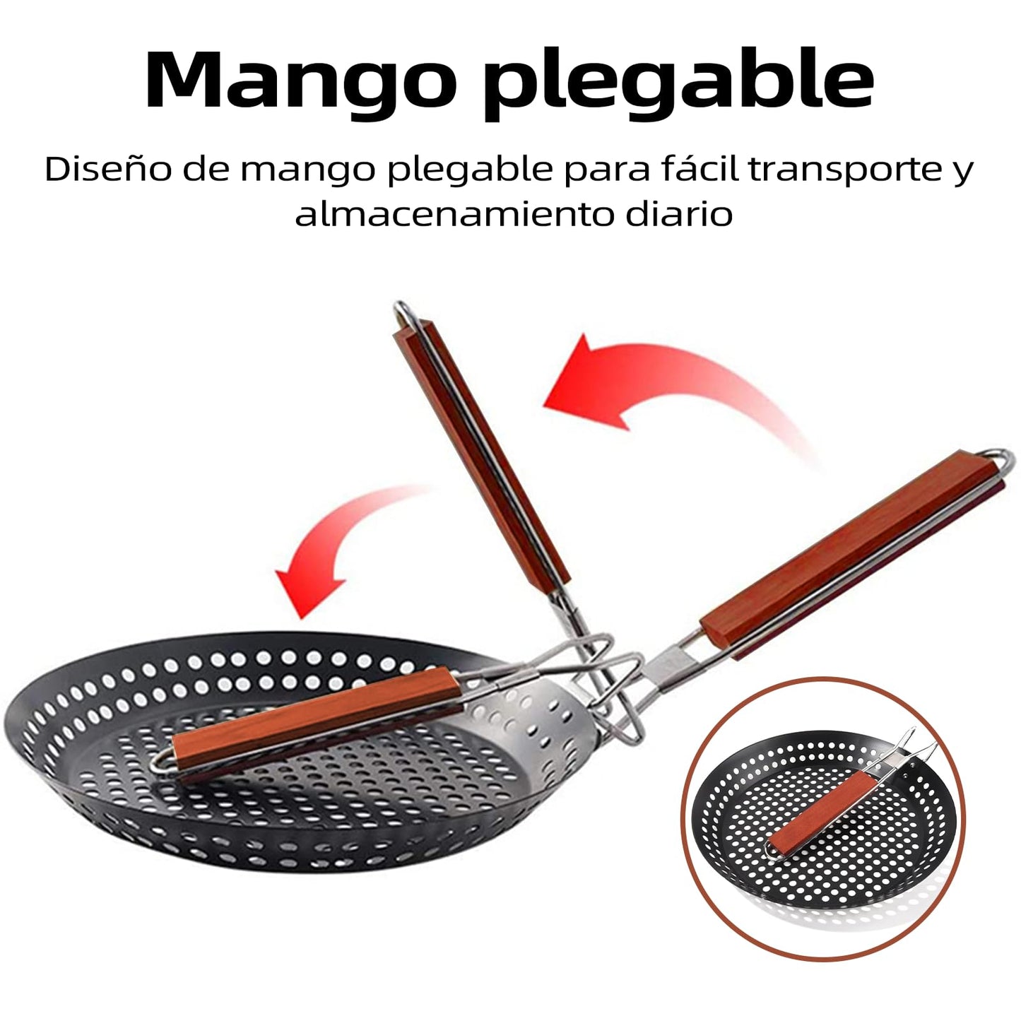AUERQXZ Sartén Antiadherente para Asar con Mango Plegable y Diseño de Sartén Perforada de Acero al Carbono, Adecuada para Asar al Aire Libre y Cocinar Verduras y Mariscos