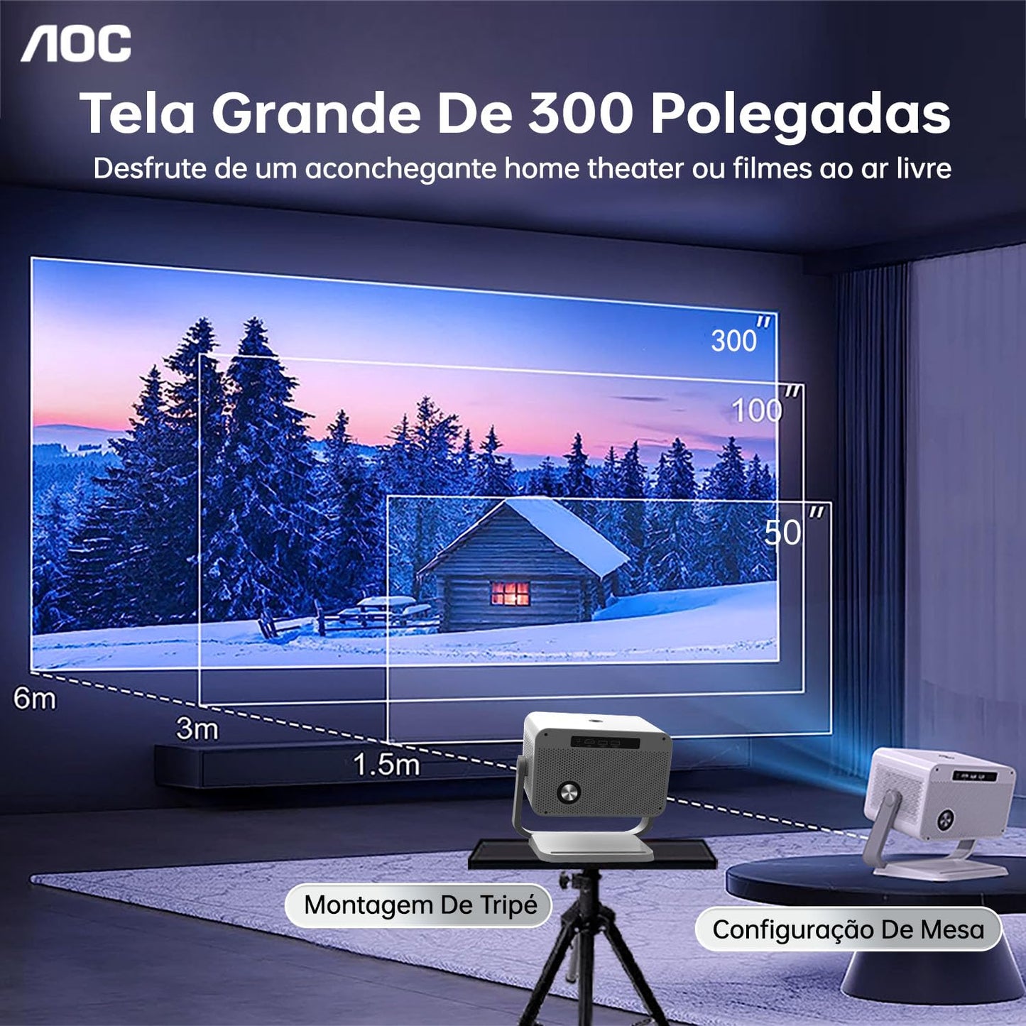 AOC Mini proyector, portátil Compatible con 4K,12000 lúmenes,Enfoque eléctrico, WiFi y Bluetooth,diseño con eliminación de Polvo y disipación de Calor, Compatible con Android e iOS para Cine en casa