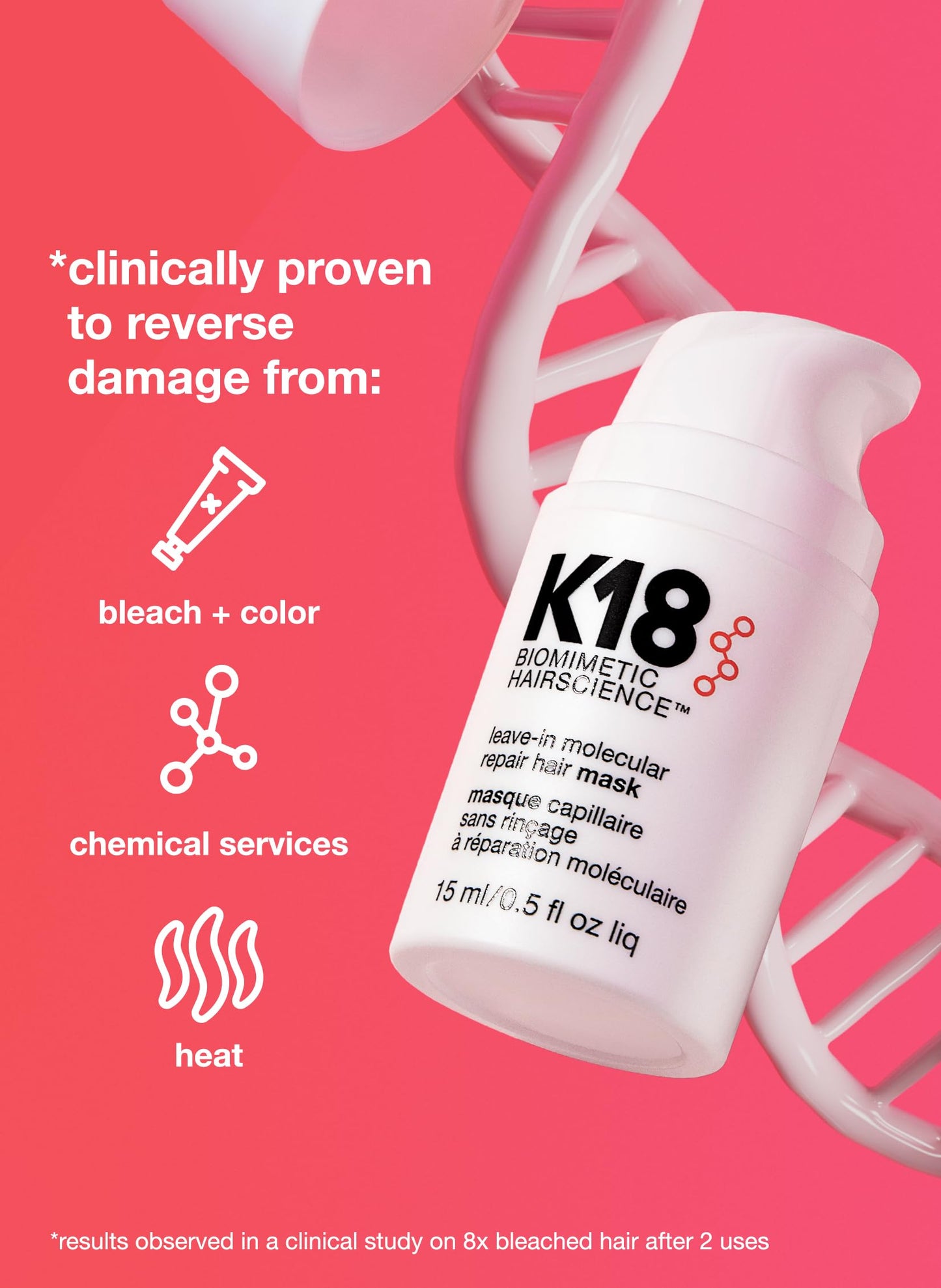 K18 Mascarilla capilar reparadora sin enjuague para reparar el cabello seco o dañado - 4 minutos para revertir el daño capilar causado por la decoloración 15 ml (paquete de 1)