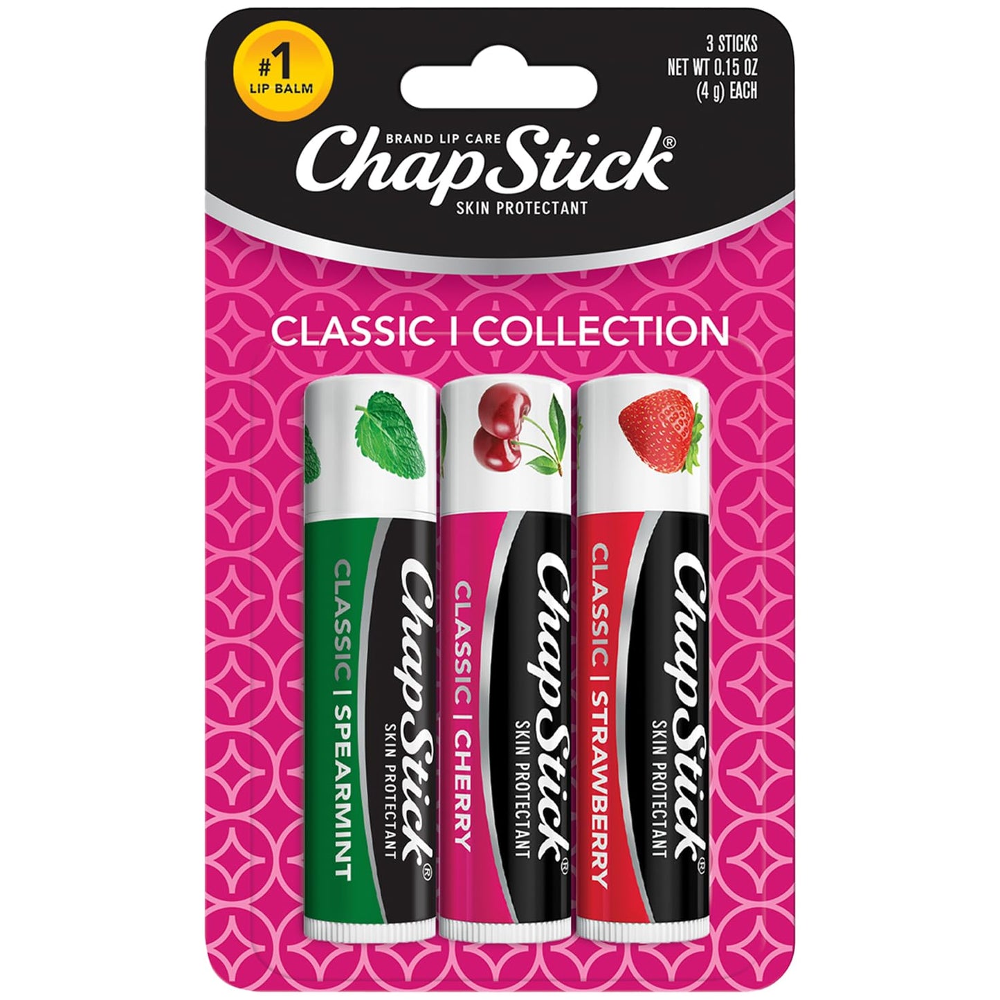 ChapStick Classic (3 Sticks) Cherry, Strawberry & Spearmint Flavor Skin Protectant Flavored Lip Balm Tube, 0.15 Ounce Each