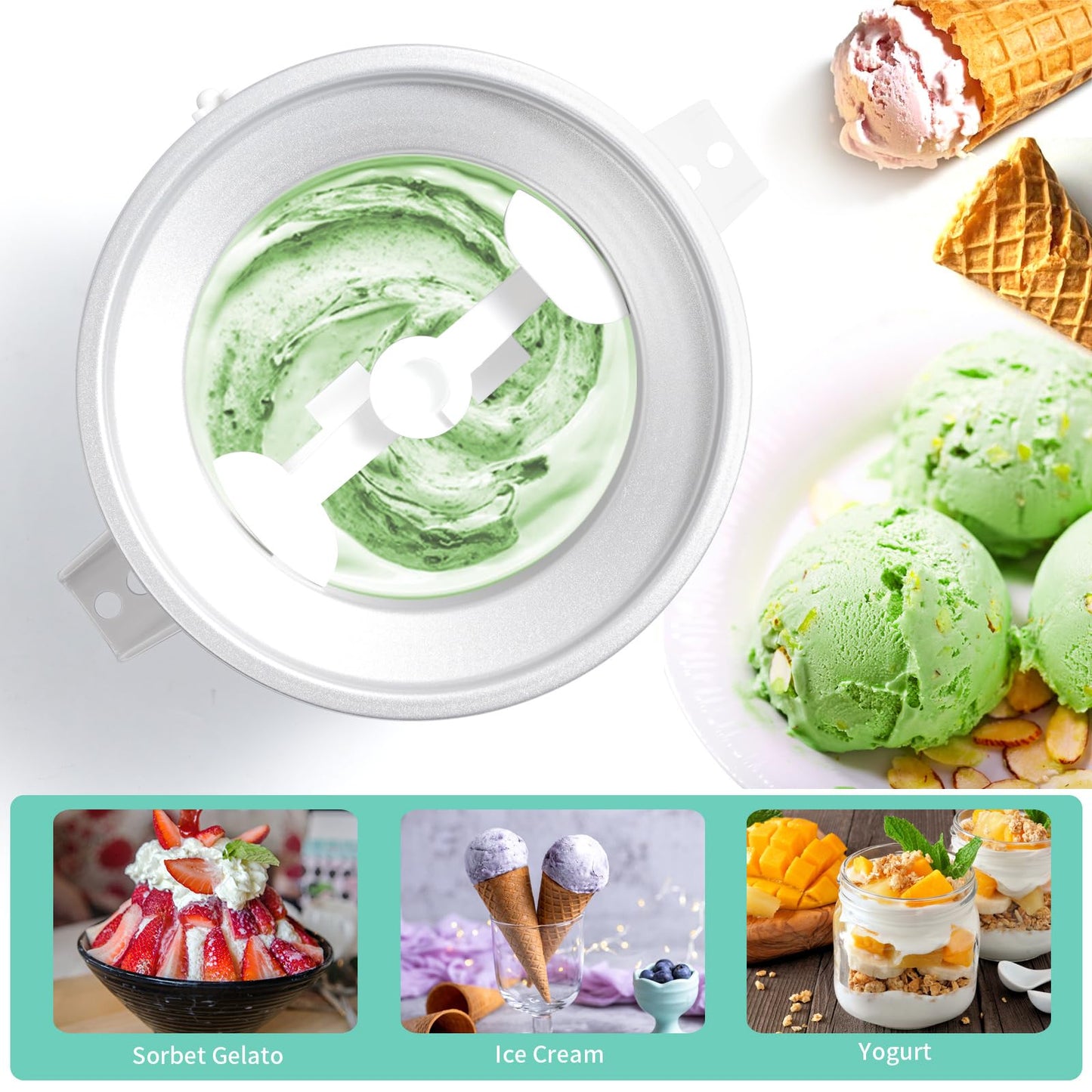 Accesorio de helado compatible con mezcladores KitchenAid de 4.5/5/6/7QT, hace 2 cuartos de helado, compatible con el accesorio de la máquina de helado KitchenAid, apto para lavaplatos (no apto para