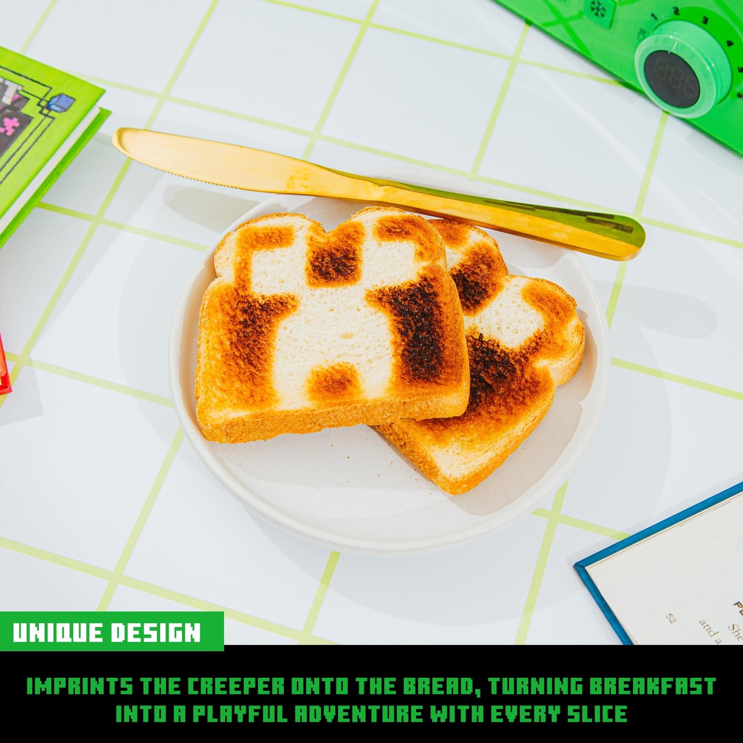 Minecraft Green Creeper Tostadora de 2 rebanadas para panecillos, gofres y panes, cuenta con 6 ajustes con opción de descongelación, símbolo de enredadera en pan