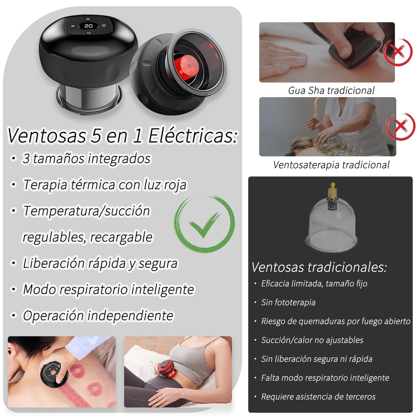 Juego de Terapia de Ventosas Eléctricas con 3 Ventosas reemplazable,Máquina de Ventosas Dinámica Inteligente 5 en 1 con Compresa Caliente de Luz Roja,Control Remoto Inalámbrico,12 niveles de temperatura y succión