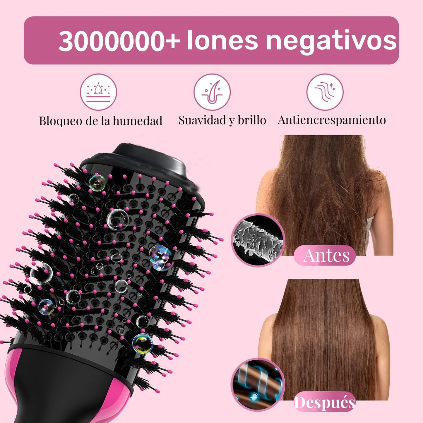 Shoonlo Cepillo Secador de Cabello Multifuncional Secado & Peinado 4 en 1 Cepillo de Aire Caliente Cabello y Voluminizador Iones Negativos Antiencrespamiento para Secar Alisar y Rizar 3 Modes (Rosa)