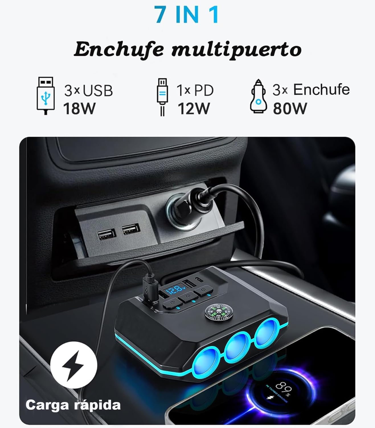 HXIIY Divisor de Enchufe para Encendedor de Cigarrillos de Coche, Multifuncional con Protección contra Sobretensión, Salida USB Tipo C para Teléfonos Tabletas, Cargador de Coche Multifuncional