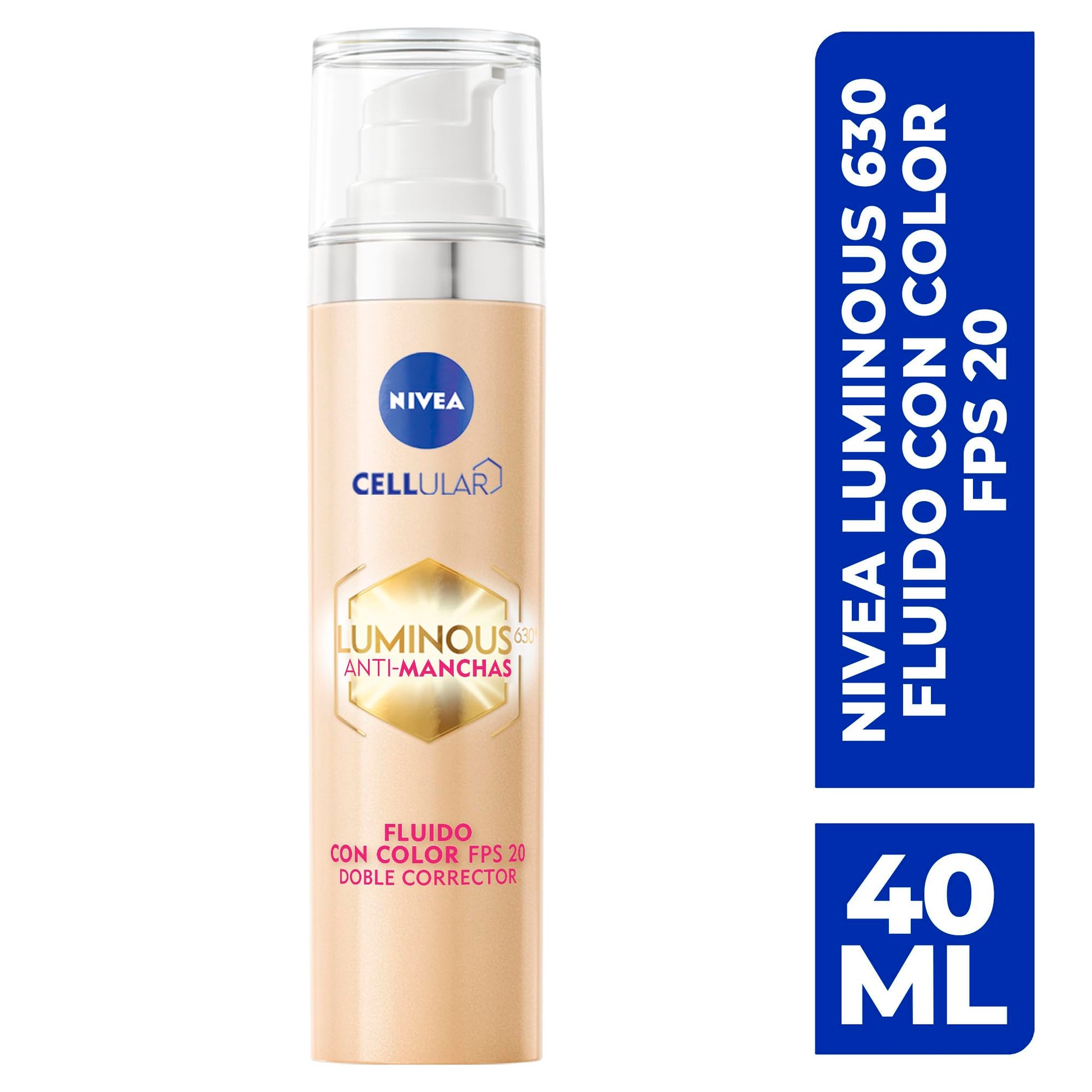 NIVEA Cellular LUMINOUS630 Anti-manchas Fluido Facial Aclarador de Piel FPS20 (40 ml) con un toque de color, Enriquecido Con Ácido Hialurónico y Vitamina E para una Piel Luminosa sin manchas por Edad, Solares u Hormonales
