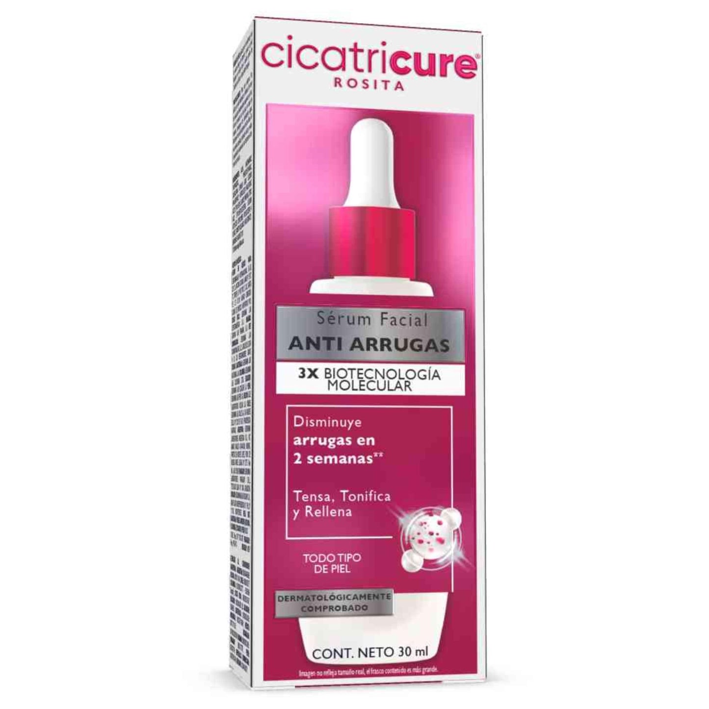 CICATRICURE - Sérum Facial Anti-arrugas. Con biotecnología molecular tensa, tonifica, rellena y disminuye arrugas en 2 semanas. Para todo tipo de piel. Presentación con 30ml
