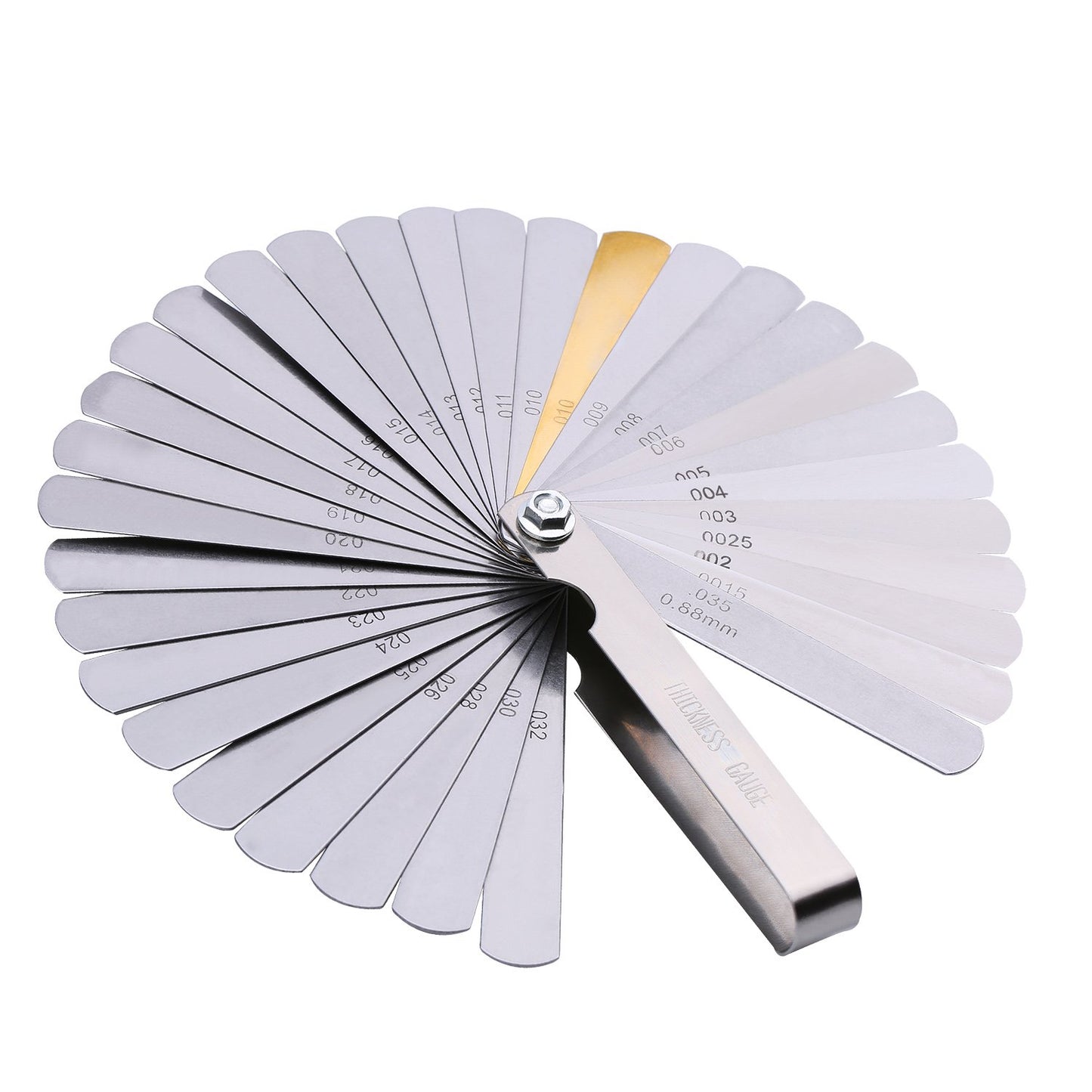 Herramienta de medición métrica e imperial de doble marca de acero inoxidable (0.04-0.88 mm, 32 cuchillas)