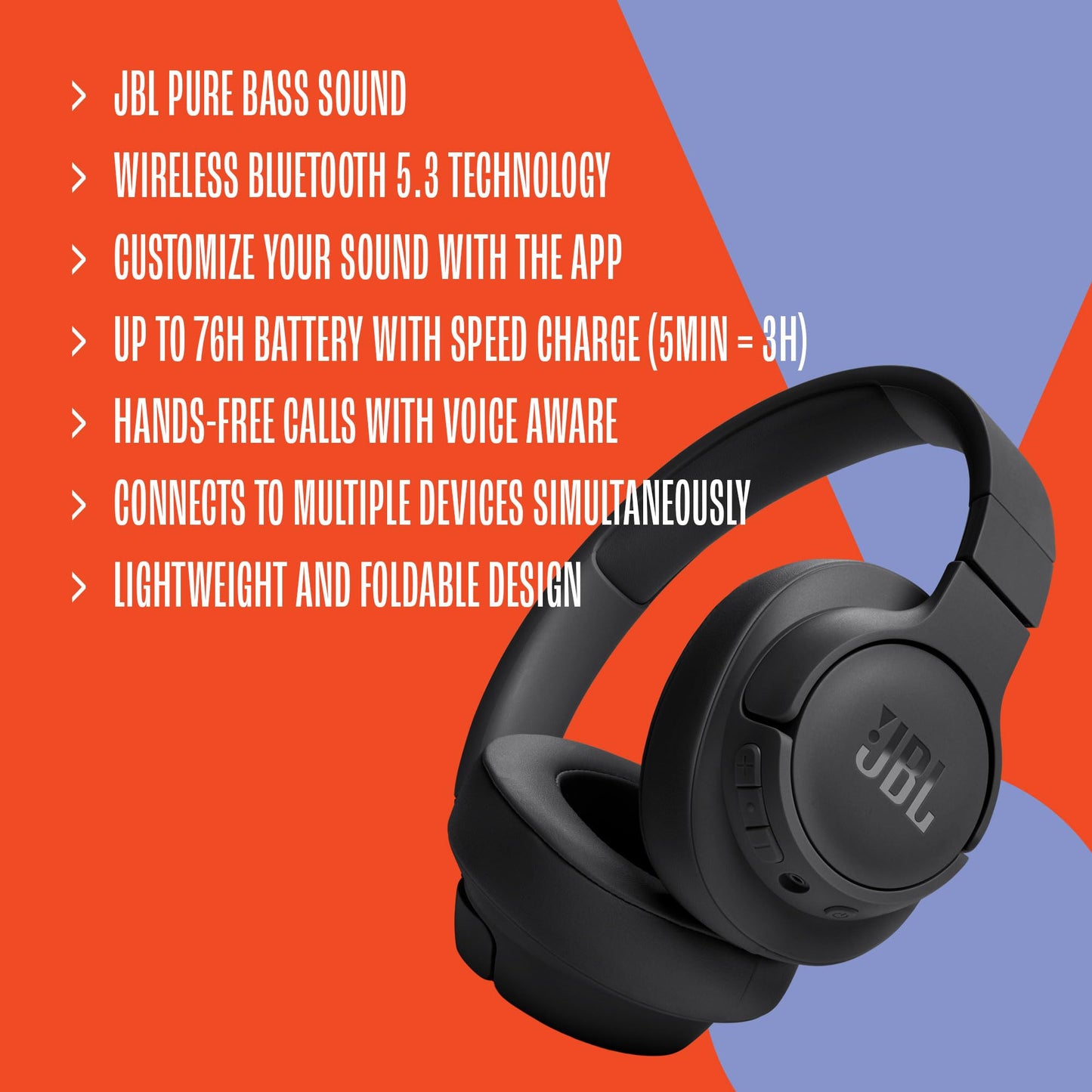 JBL Tune 720BT Audífonos Inalámbricos Bluetooth, Drivers de 40mm, Reproducción 76 Horas, Asistente de Voz - Negro