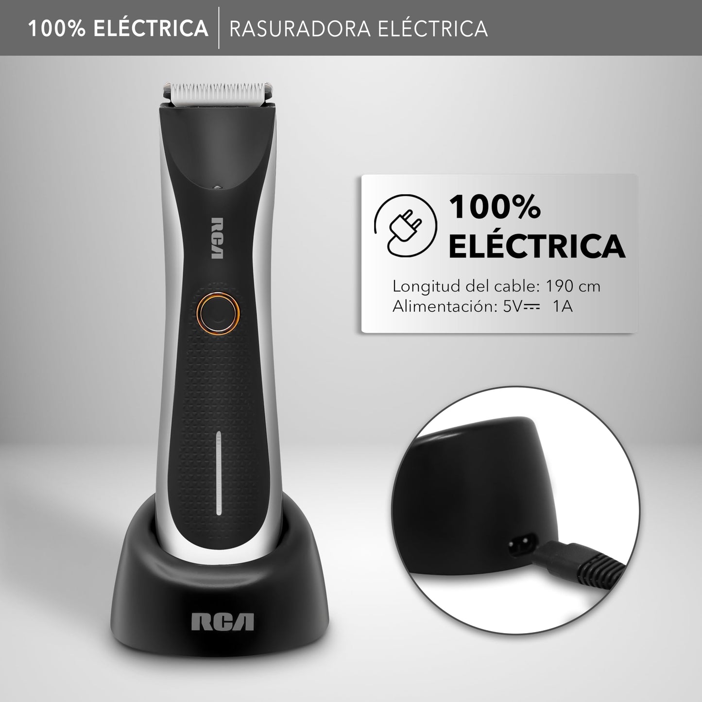 RCA Rasuradora Eléctrica RC-TR1 con Cuchillas de Cerámica, Afeitado Suave y Preciso para Barba, Cabello y Cuerpo, Resistente al Agua, Luz LED, 2 Velocidades, Peines 2–7 mm, Carga USB
