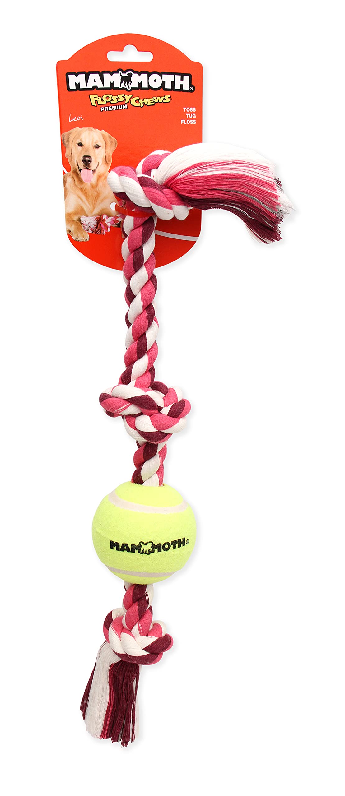 Mammoth Flossy Chews Color 3 Knot Tug w/Standard Tennis Ball – Premium Cotton-Poly Tug Toy for Dogs – Interactive Dog Tug Toy – Rope Dog Toy with Tennis Ball for Medium Dogs - 20”