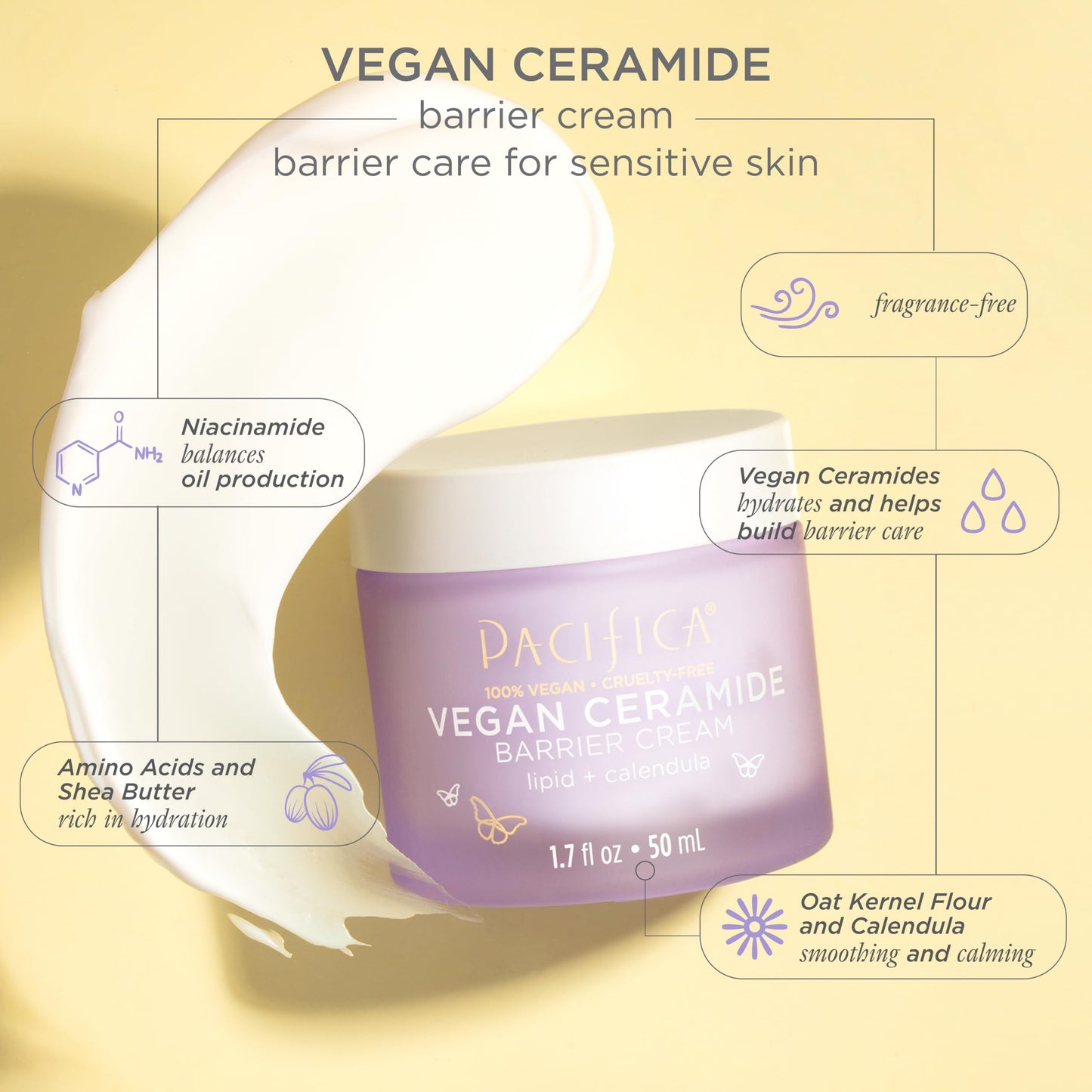 Pacifica Crema facial para reparación de barreras de cerámica vegana, crema hidratante diaria, crema hidratante, aprobada por la asociación ecezma, segura para pieles sensibles, sin fragancia, 100% vegana + libre de crueldad