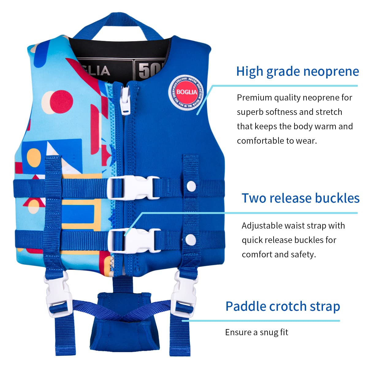 Boglia - Chaleco de natación para niños y niñas, traje de baño flotante con correa de seguridad ajustable para niños de 2 a 9 años/22 a 50 libras