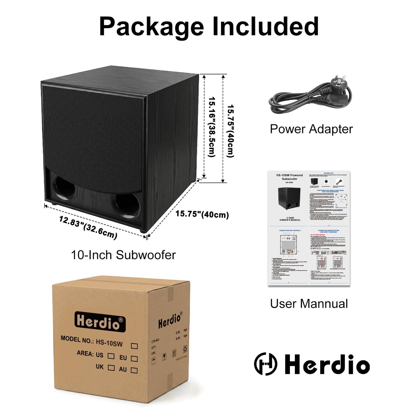 Herdio Subwoofer de 10 pulgadas, subwoofer activo de cine en casa de 800 W con 200 W RMS, graves profundos de 40 Hz, amplificador de clase AB, cruzado ajustable y entradas duales, carcasa MDF para