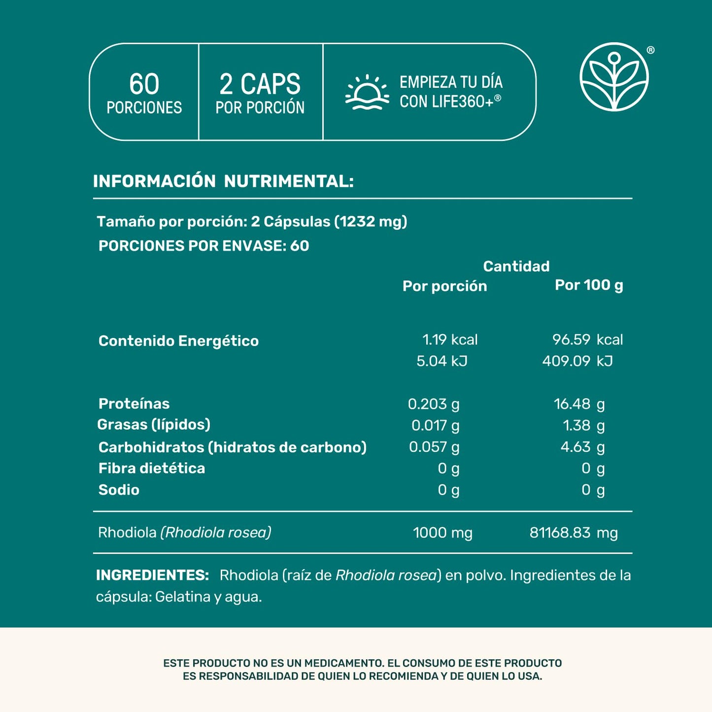LIFE 360+ Rhodiola Rosea | 120 Cápsulas | 616 mg c/u | 60 Porciones | Suplemento Alimenticio a Base de Raíz Rhodiola Rosea en polvo | Tomar 2 cápsulas al día