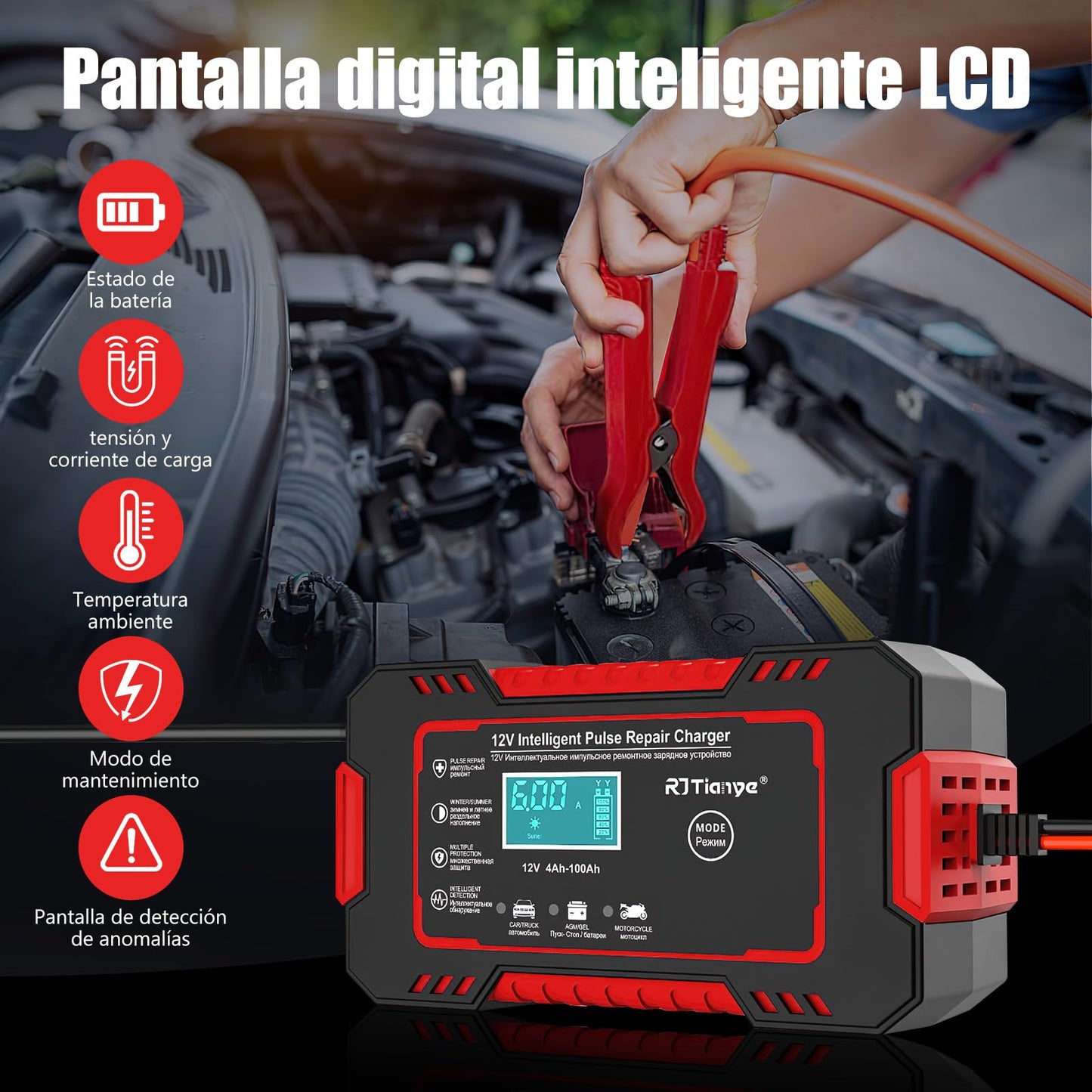 Cargador de Bateria de Auto, con LCD Pantalla 12V 6A , Arrancador de Bateria Ajuste de Corriente Inteligente para Cargar y Proteger, cargar baterías GEL, AGM, WET, Aplica a Auto, Excavadoras