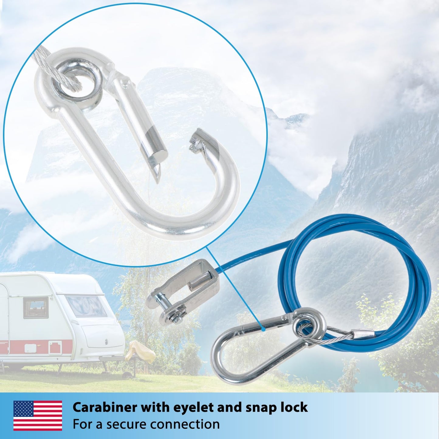 Valonic Cable Breakaway para remolques y caravanas, 1 m, azul, con mosquetón, 250 kg de resistencia a la rotura, cable Breakaway con cabeza de horquilla (grillete), Ripcord, cable Breakaway