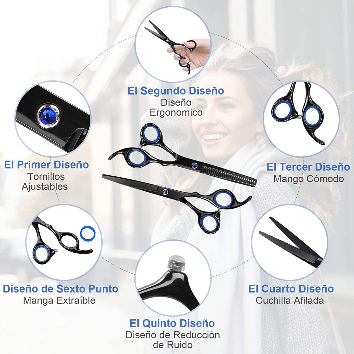 Tijeras de Peluquería, Tijeras para Cortar Cabello Profesional con Peine de Afeitar, Set Tijeras de Pelo Acero Inoxidable con Capa de Barbero y Clips, Tijeras Entresacar Peluquería para Hombres y Mujeres, Herramientas de Peluquero para Hogar y Salón
