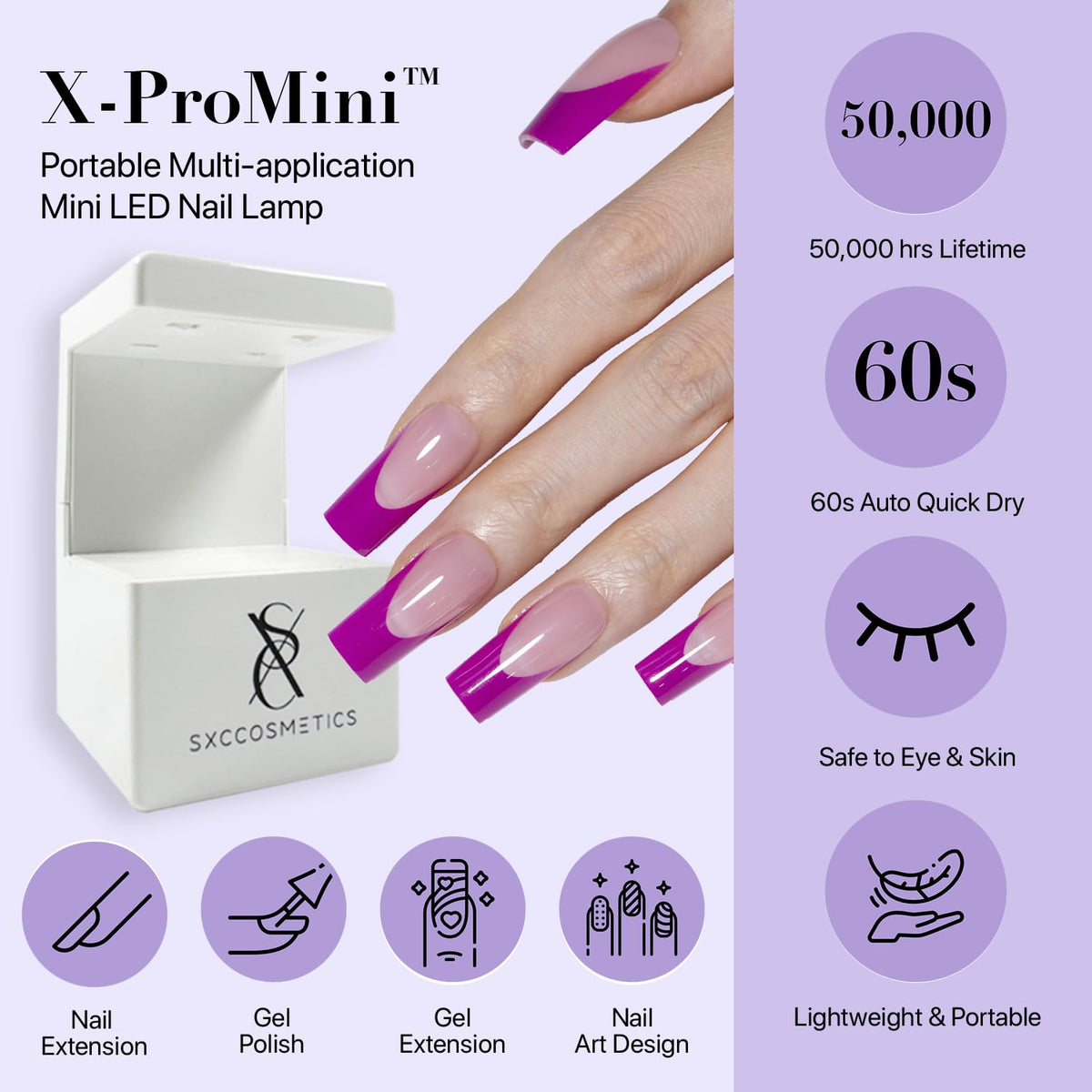 SXC Uñas Postizas con Punta Francesa Cosmetics – Serie Morada, Cuadrado Medio, Kit de Inicio X-Pro Tips | 150 Piezas, 15 Tamaños, 5 Estilos, Ideal para Principiantes