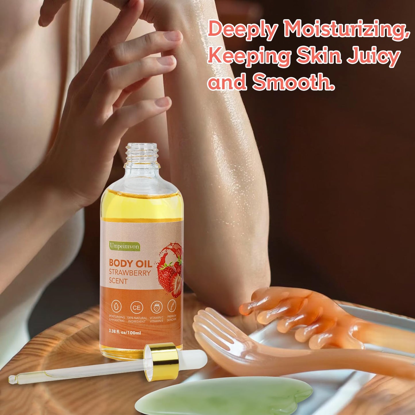 Umpeimvon- Paquete de 2 aceites corporales de fresa de 3,38 fl.oz para después de la ducha, aceites corporales con fragancia Gua Sha con vitamina C y E
