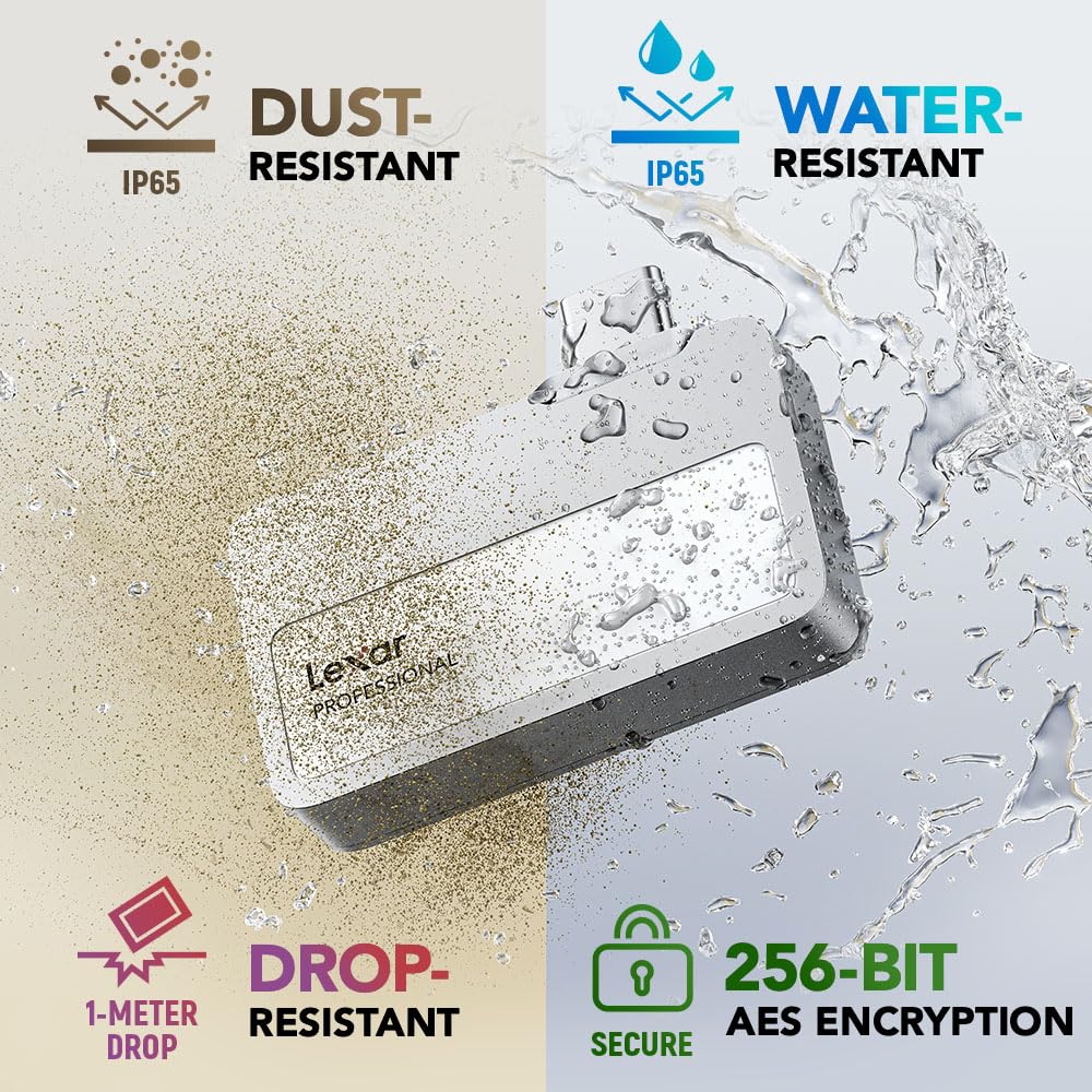 Lexar 1TB Professional Go SSD portátil, Compatible con Apple ProRes, hasta 1050 MB/s de Lectura y 1000 MB/s de Escritura, USB 3.2 Gen 2, Resistente, Compatible con iPhone 15 Series