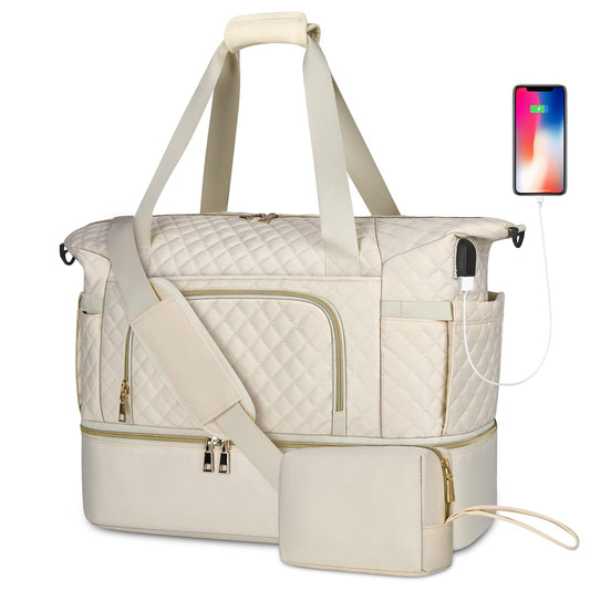 Bolsa de Viaje SDYSM Beige con Puerto USB y Compartimento para Zapatos para Hombre y Mujer