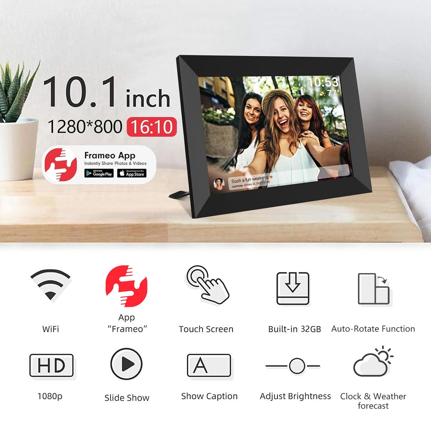 FRAMEO - Marco de fotos digital WiFi inteligente de 32 GB de 10.1 pulgadas, visualización táctil LCD IPS de 1280 x 800 pulgadas, rotación automática de retrato y paisaje, memoria integrada de 32 GB,