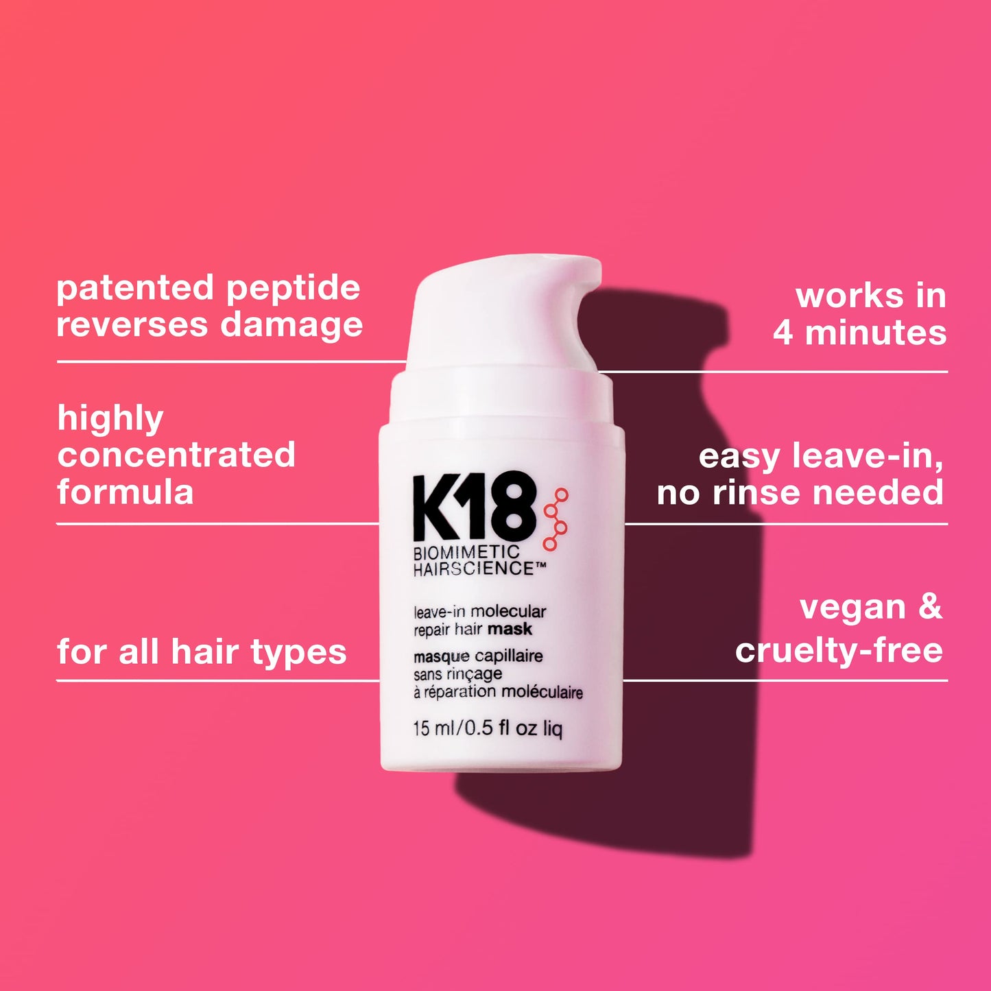 K18 Mascarilla capilar reparadora sin enjuague para reparar el cabello seco o dañado - 4 minutos para revertir el daño capilar causado por la decoloración 15 ml (paquete de 1)