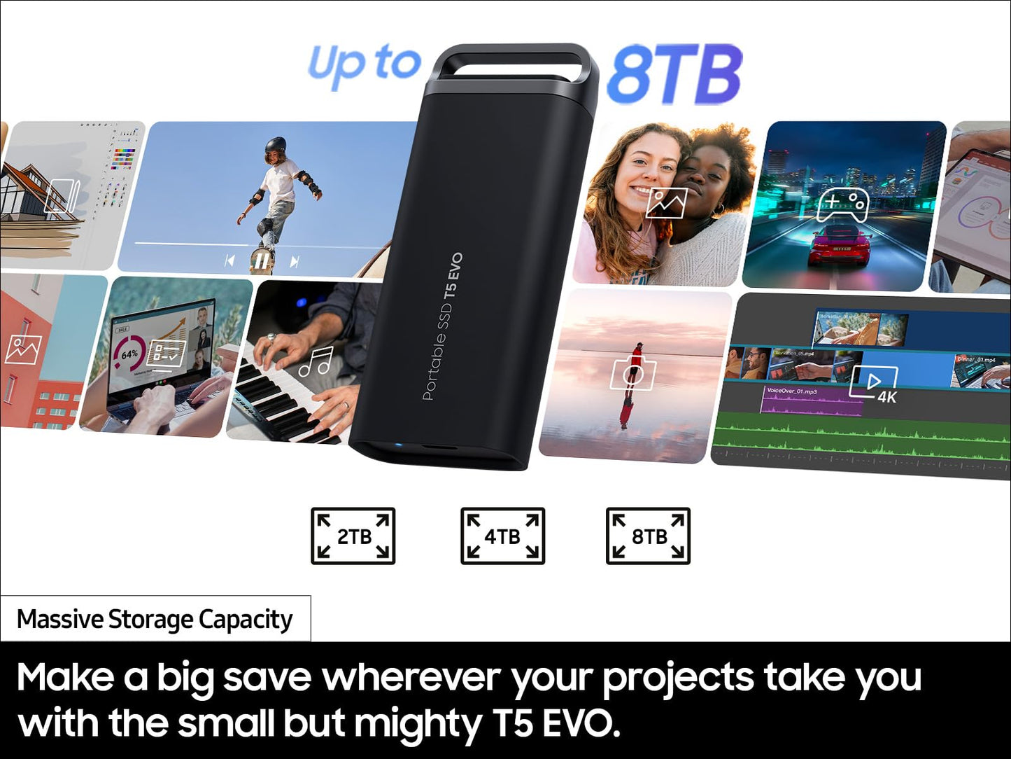 Disco Estado Sólido Samsung T5 EVO 8 TB USB 3.2 Gen 1 Negro para Juegos y Creación de Contenido