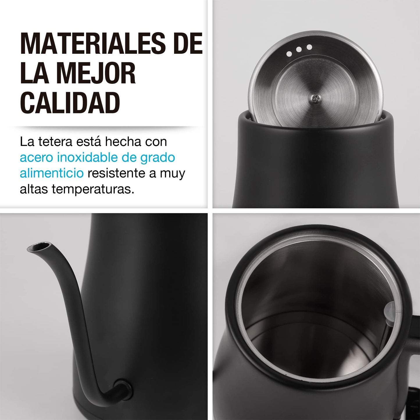 CASA LITUS Tetera Eléctrica de Acero Inoxidable con Cuello de Cisne, Hervidor de Agua Eléctrico con Apagado Automático y Tapa Hermética, Jarra para Preparar Café, Té y más, Cap. 1 Litro, Mod. Hamburgo