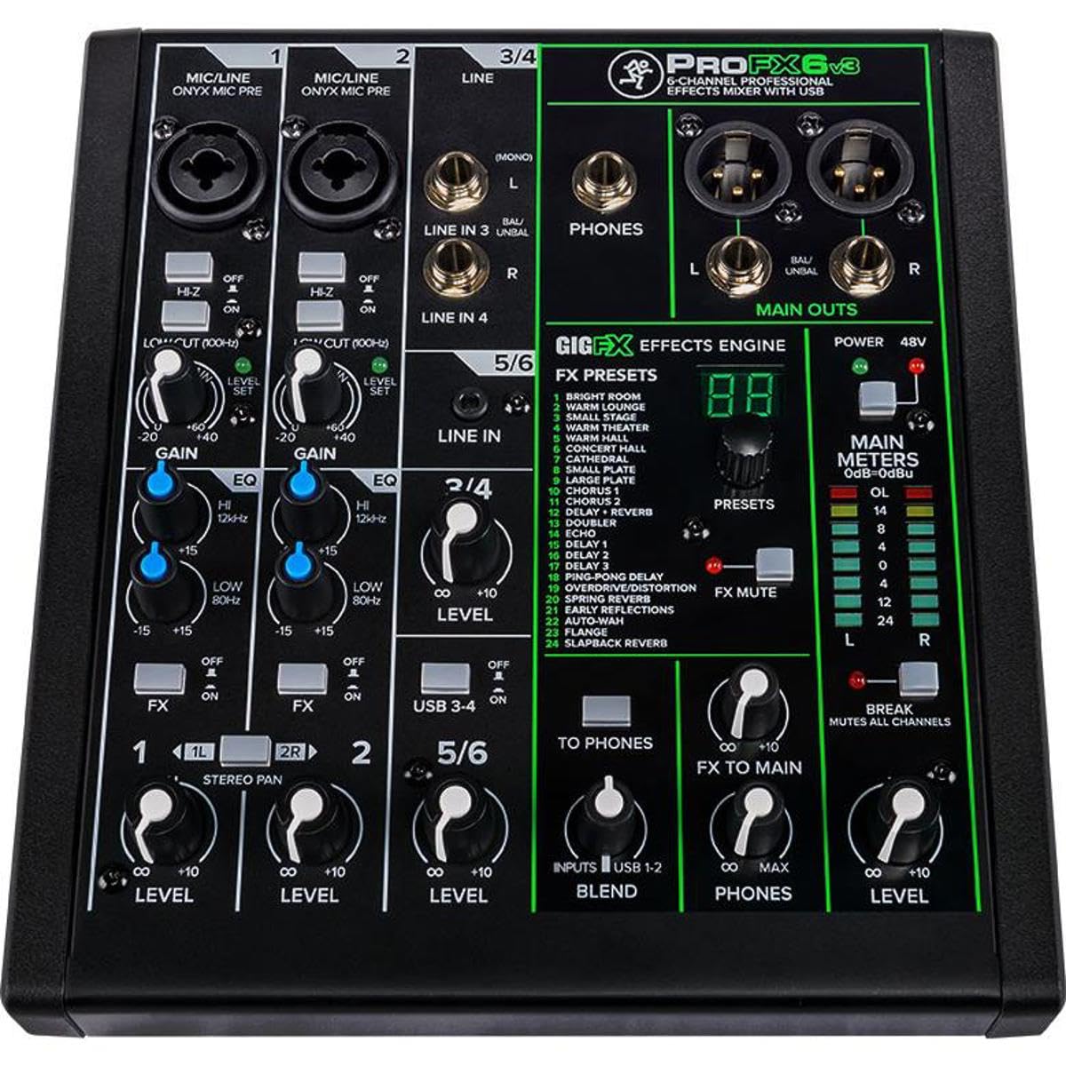 Mezclador Profesional Mackie Effects USB 6 Canales ProFXv3 Preamplificadores Onyx Motor GigFX