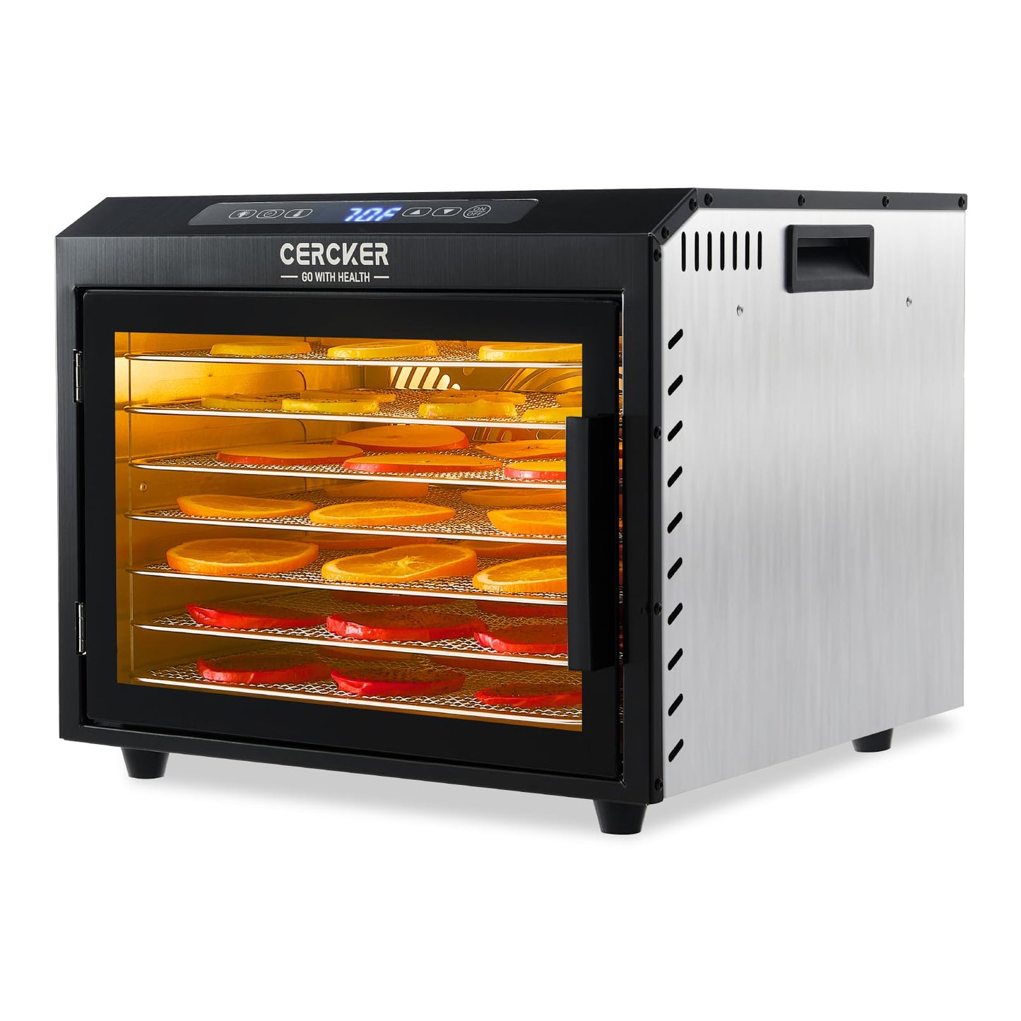 Máquina deshidratadora de alimentos, 7 bandejas de acero inoxidable, secadora de alimentos pequeña de 6 pies cuadrados, 190ºF, deshidratador de frutas 24H, secador de carne de 800 W para ceca