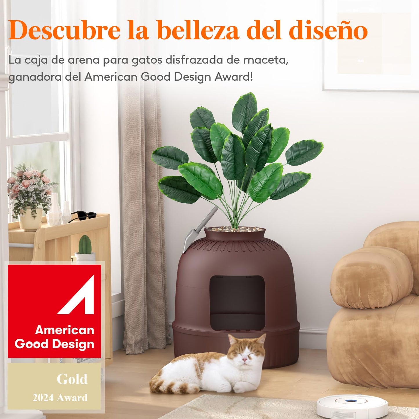 Lifewit Caja de Arena con Planta sintética y Pala para Gatos Grandes, Bandeja de Arena Oculta en Esquina con Control de olores y Filtro de Carbono en salón/Dormitorio/baño, Marrón