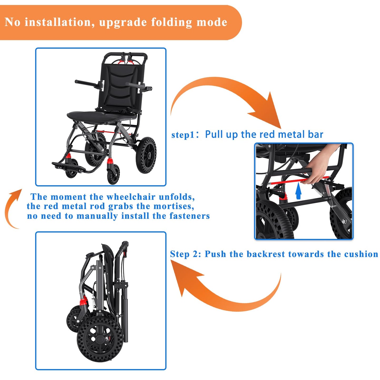 Hopelight (Asiento de 18" de ancho) Silla de ruedas de transporte ergonómica y liviana para personas mayores y adultos, sillas de ruedas de viaje de tránsito plegables y portátiles para todo terreno