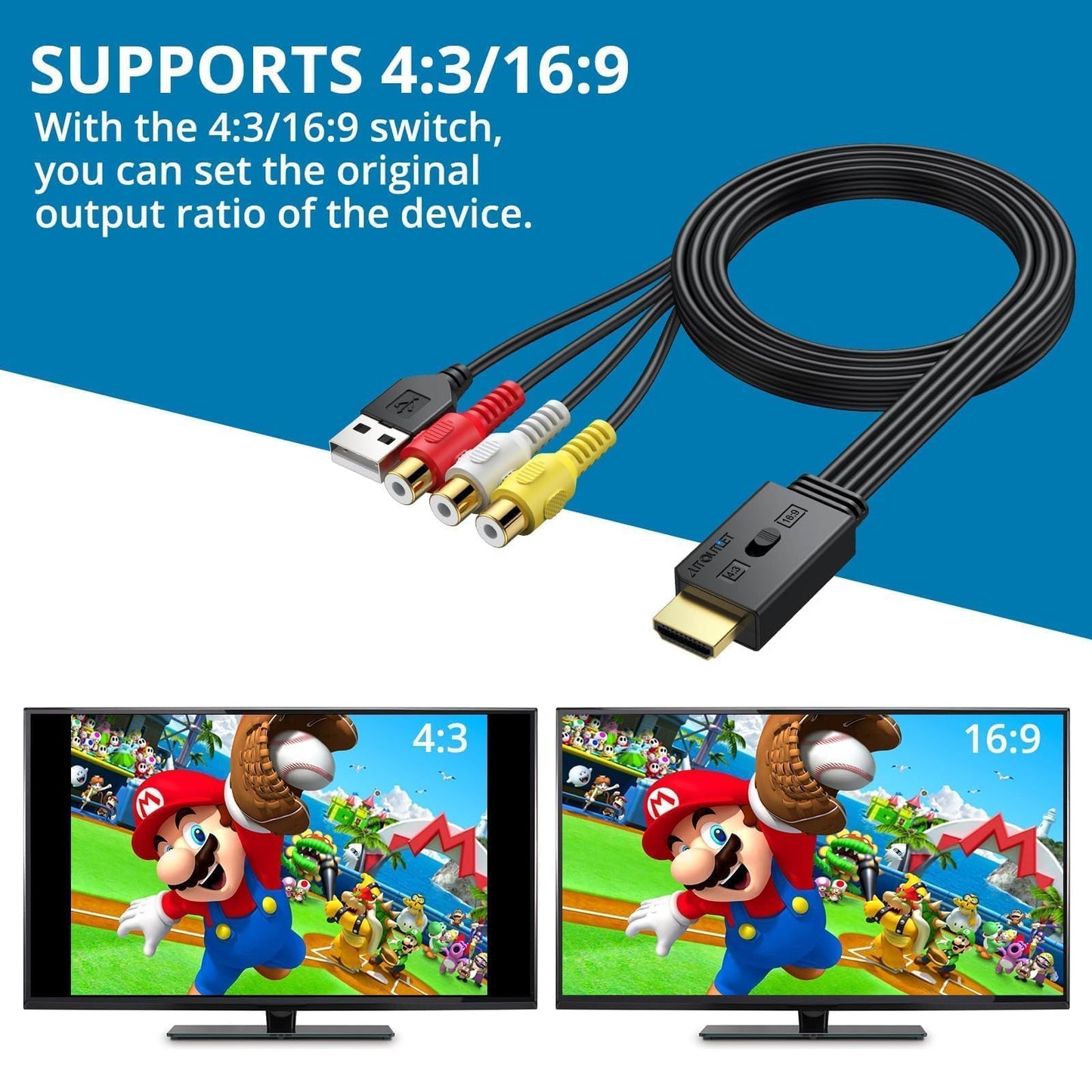 AUTOUTLET Convertidor RCA a HDMI, adaptador AV a HDMI 1080P compatible con conversión 16:9/4:3 y PAL/NTSC, adaptador de audio de vídeo RCA con cable RCA hembra de 60 cm para Wii, PS1/PS2, Xbox, N64