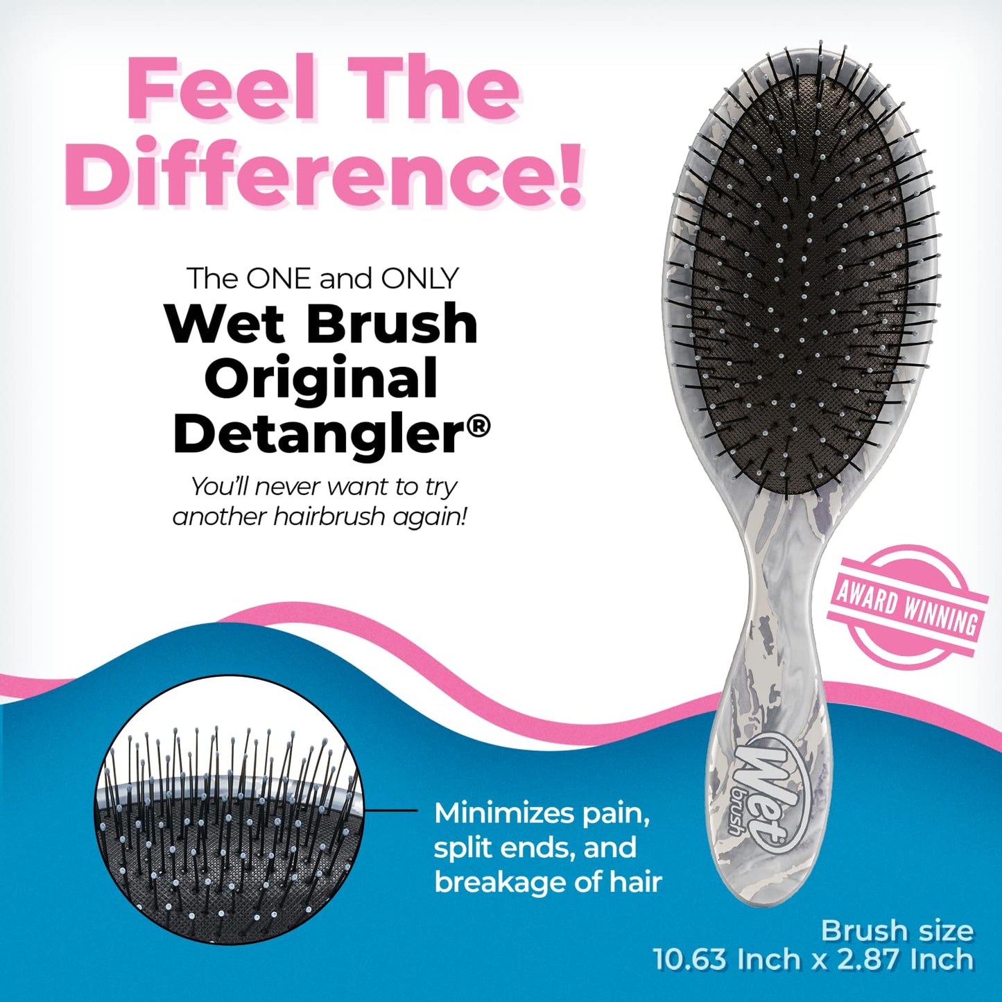 Wet Brush Cepillo desenredante original, mármol metálico, plateado, todo tipo de cabello, cerdas IntelliFlex ultra suaves que se deslizan a través de enredos con facilidad, peine sin dolor para hombres, mujeres, niños y niñas