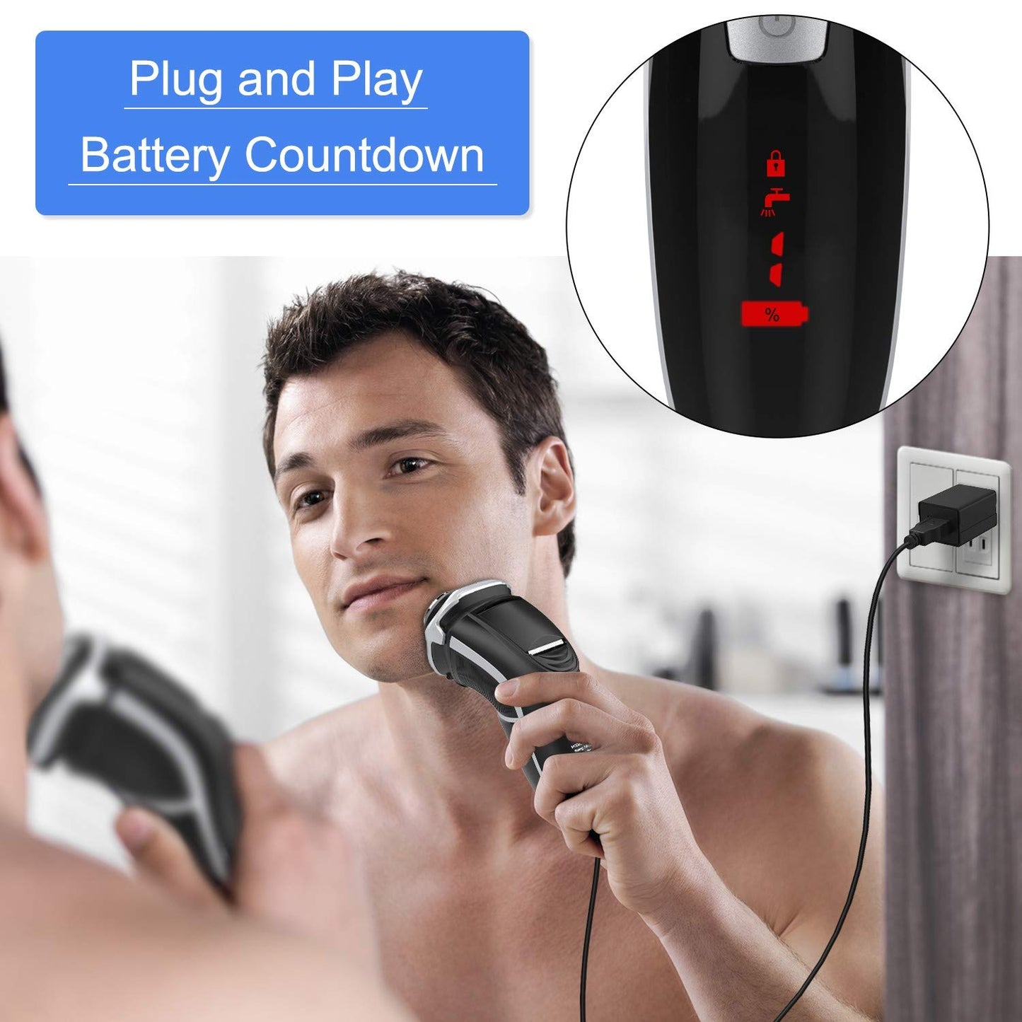 Afeitadora eléctrica para hombres - MAX-T Afeitadora rotativa 3D recargable con cable e inalámbrica para hombres con recortador de patillas emergente húmedo y seco con adaptador de pared 100-240 V