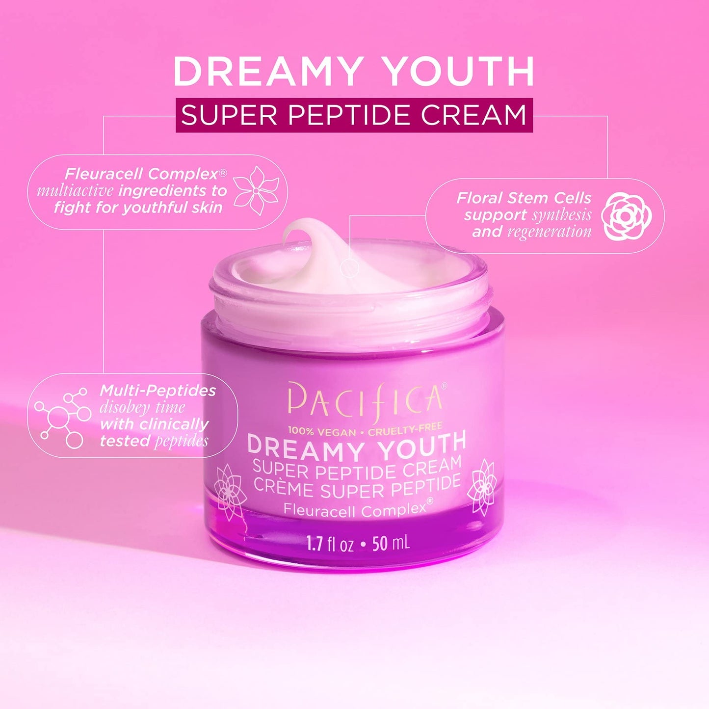 Crema Facial Hidratante Pacifica Beauty Dreamy Youth Super Peptide para Todo Tipo de Piel Envejecida Vegano y Libre de Crueldad