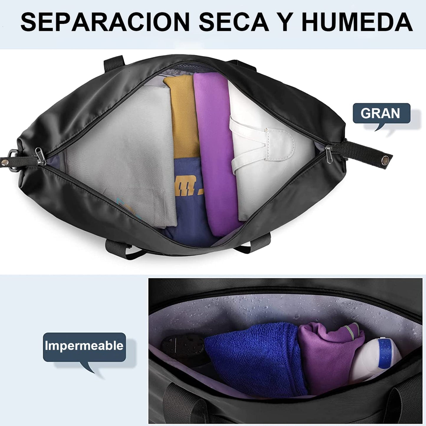 Bolsa de Viaje ZIRONG Negro con Separación Húmedo y Seco para Mujer Hombre