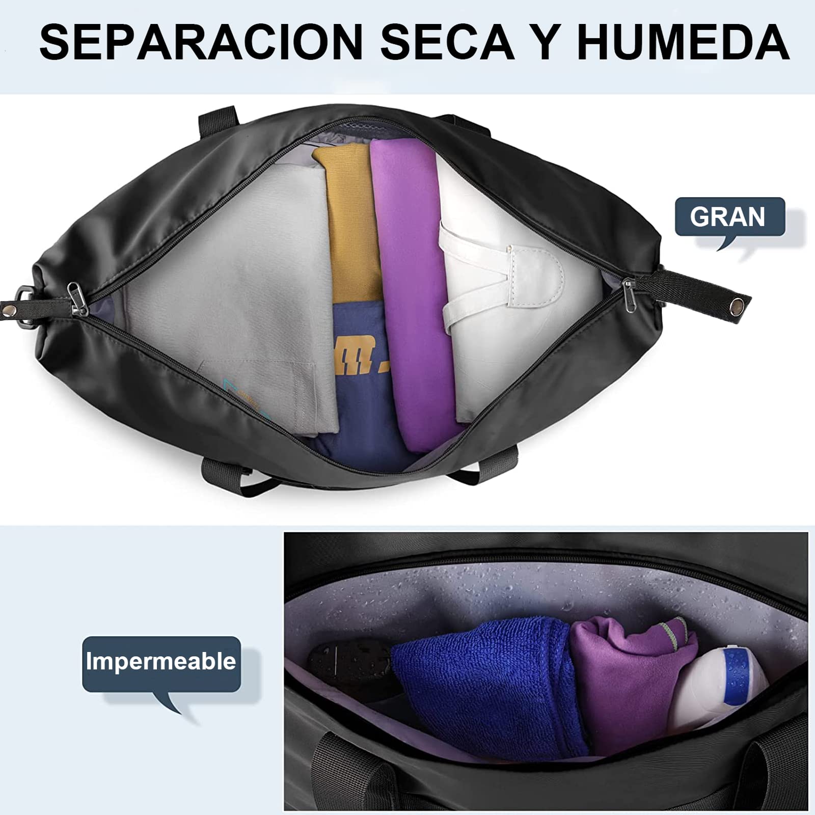 Bolsa de Viaje ZIRONG Negro con Separación Húmedo y Seco para Mujer Hombre