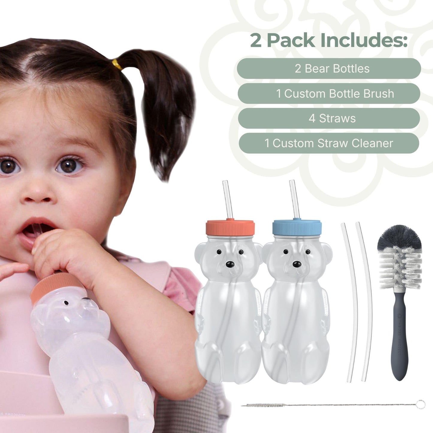 The 730 Project Honey Bear - Taza de paja para bebés, 8 onzas con cepillo para polvo para botella, paquete de 2 tapas mejoradas, terapia de aprendizaje de oso de miel para pastel de arándanos y