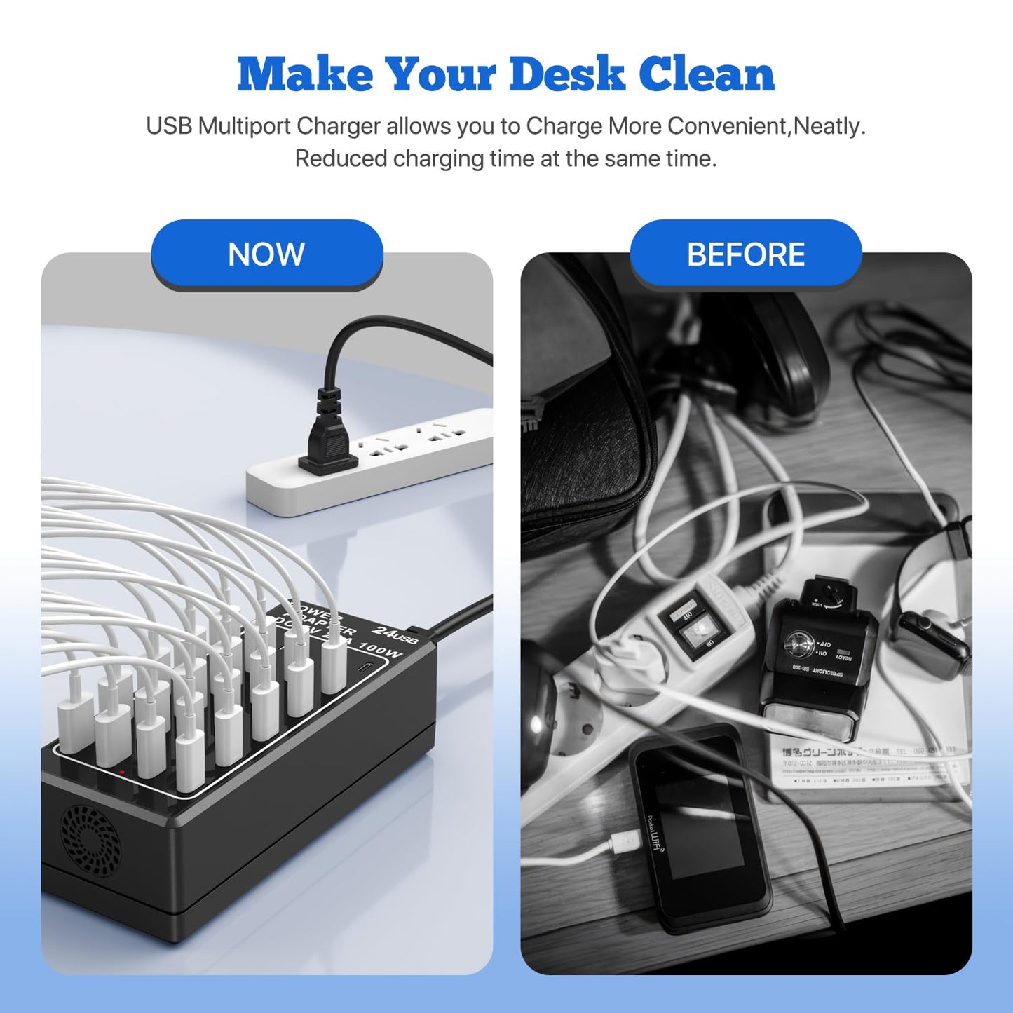 Cargador USB, bloque de cargador USB C, 100 W (20 A), 24 puertos, múltiples USB, cargador de pared, 12 USB A 12 USB C compatible con Apple iPhone, iPad, Samsung Galaxy, portátil, Pixel, teléfonos