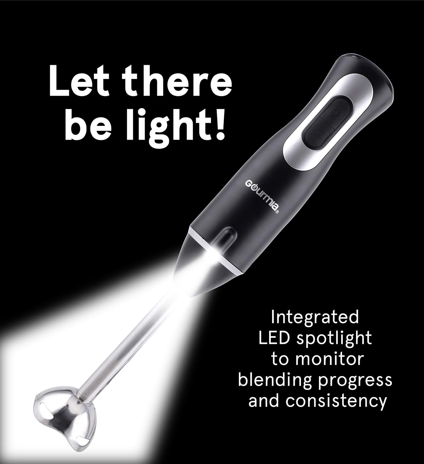 Gourmia GHB2360 Batidora de mano de inmersión iluminadora de 12 velocidades con modo turbo - Mango ergonómico cómodo - Accesorio de batidor incluido - Foco LED integrado - Motor de 300 W - Negro