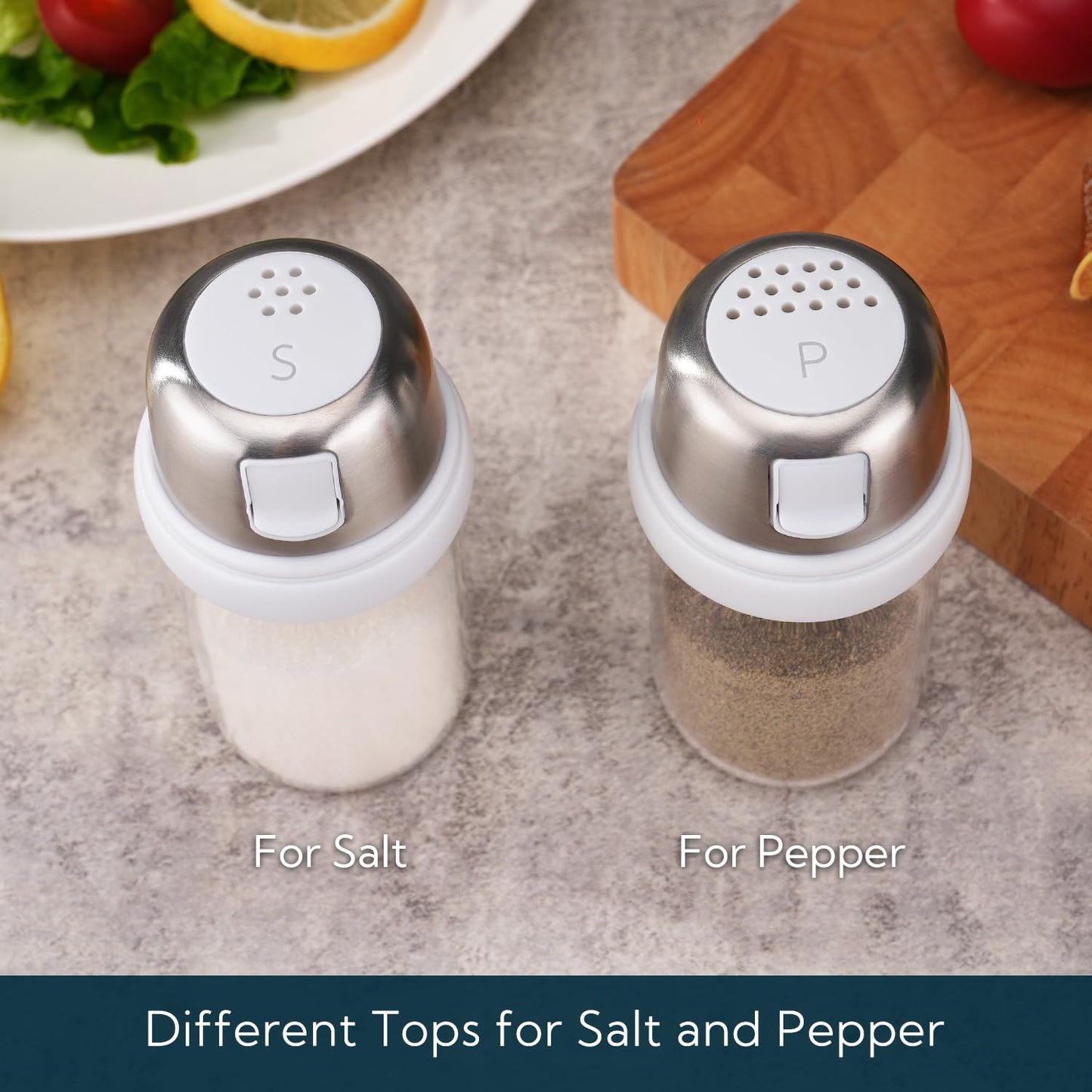 KTCHENDAO - Salero y pimienta de cristal 2 en 1 con boquilla lateral, tapa integrada para ralentizar la humedad con marcas de medición, elegante dispensador de sal de vidrio borosilicato para cocina,