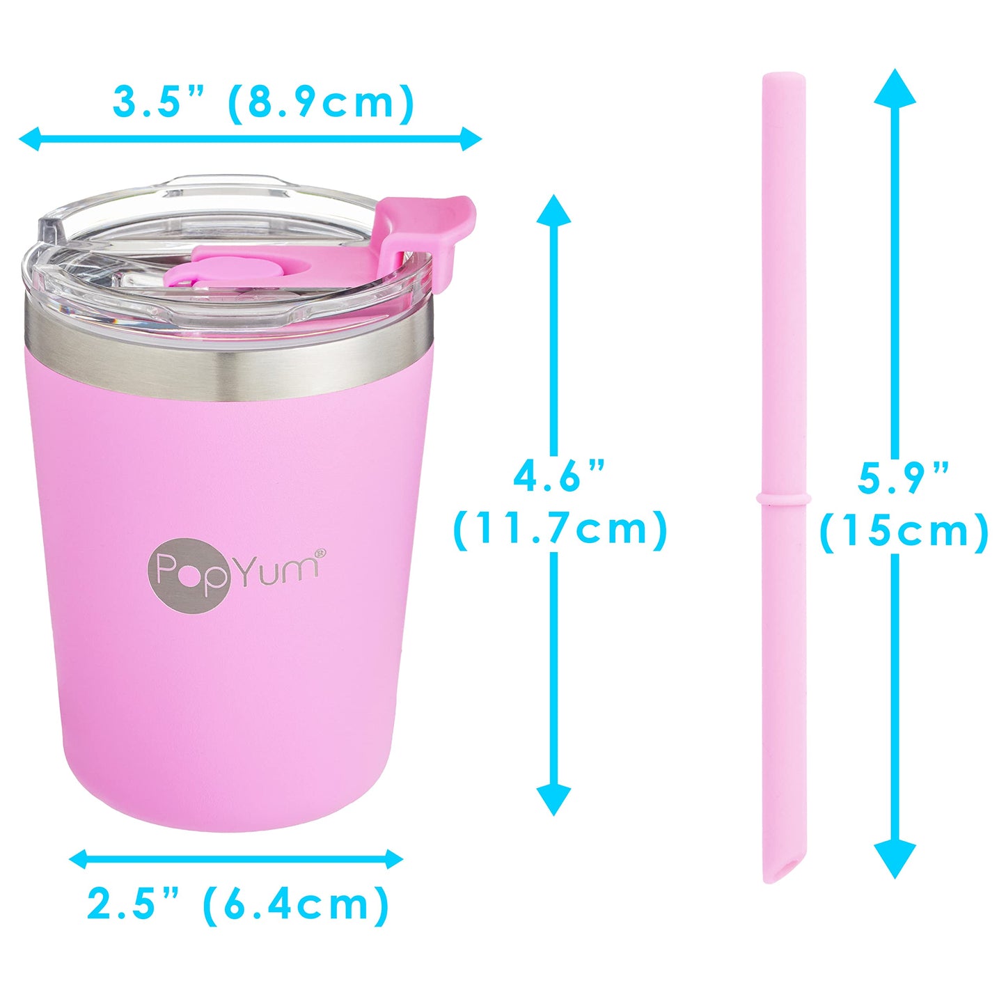 PopYum - Copas aisladas de acero inoxidable para niños de 9 onzas con tapa y pajita, paquete de 2, verde, rosa, apilable, bebe, niño, niño, vaso de doble pared, aspiradora, a prueba de fugas
